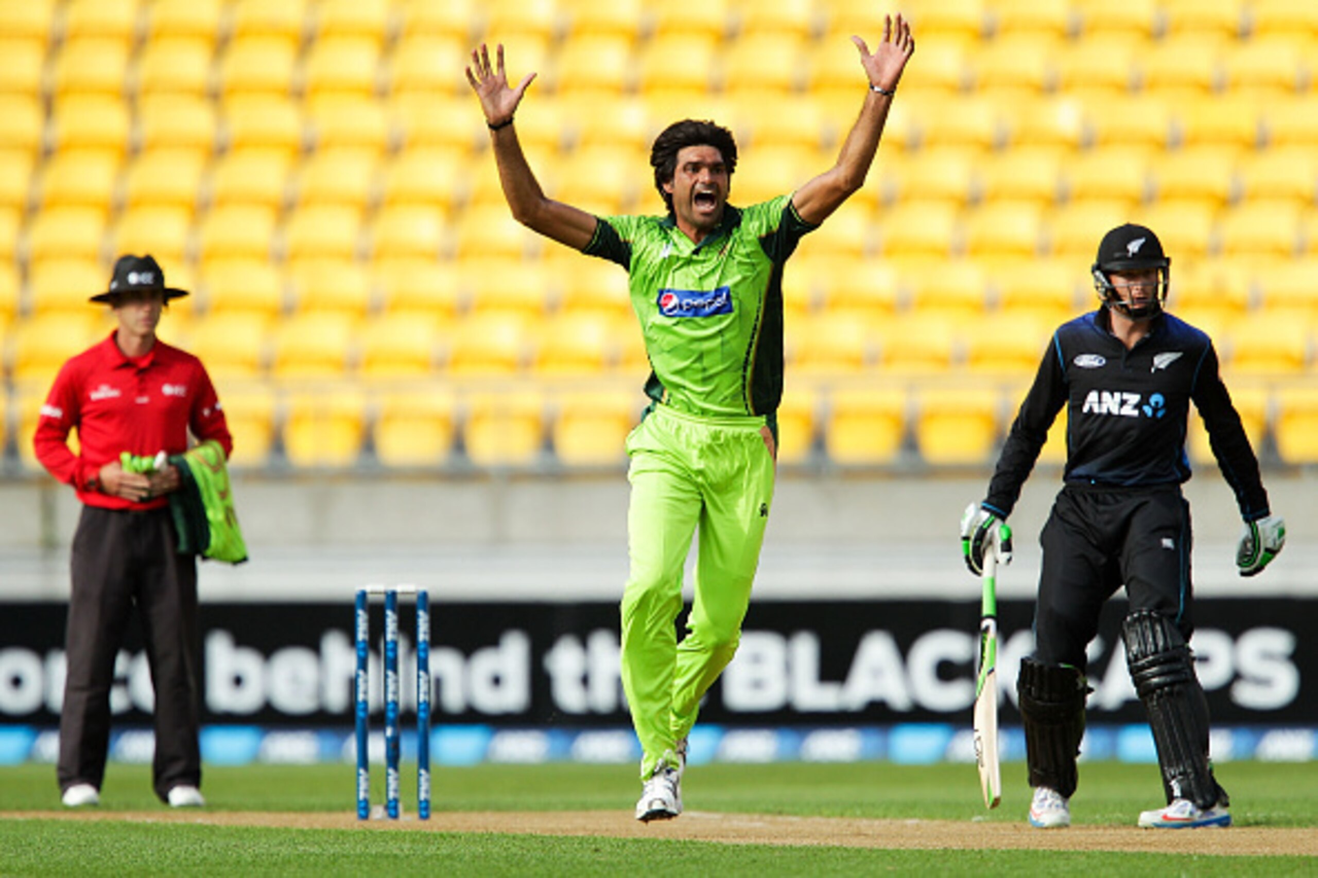 WELLINGTON, NEW ZEALAND - JANUARY 31:  Mohammad Irfan of Pakistan makes an appeal during the One Day International match between New Zealand and Pakistan at Westpac Stadium on January 31, 2015 in Wellington, New Zealand.  (Photo by Hagen Hopkins/Getty Ima