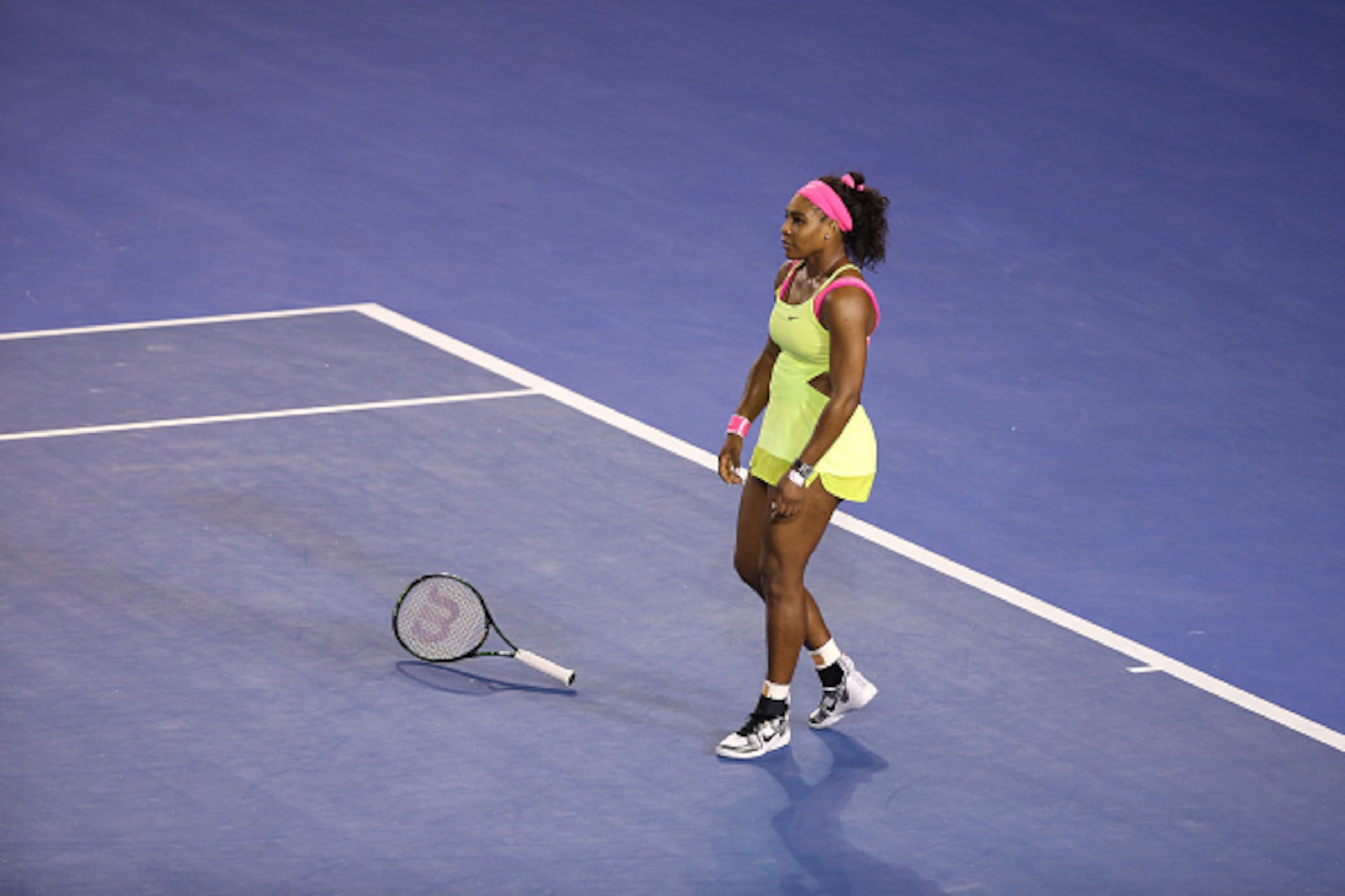 MELBOURNE, AUSTRALIA - JANUARY 31:  Serena Williams of the United States reacts after a let when serving for the Championship in her women's final match against Maria Sharapova of Russia during day 13 of the 2015 Australian Open at Melbourne Park on Janua