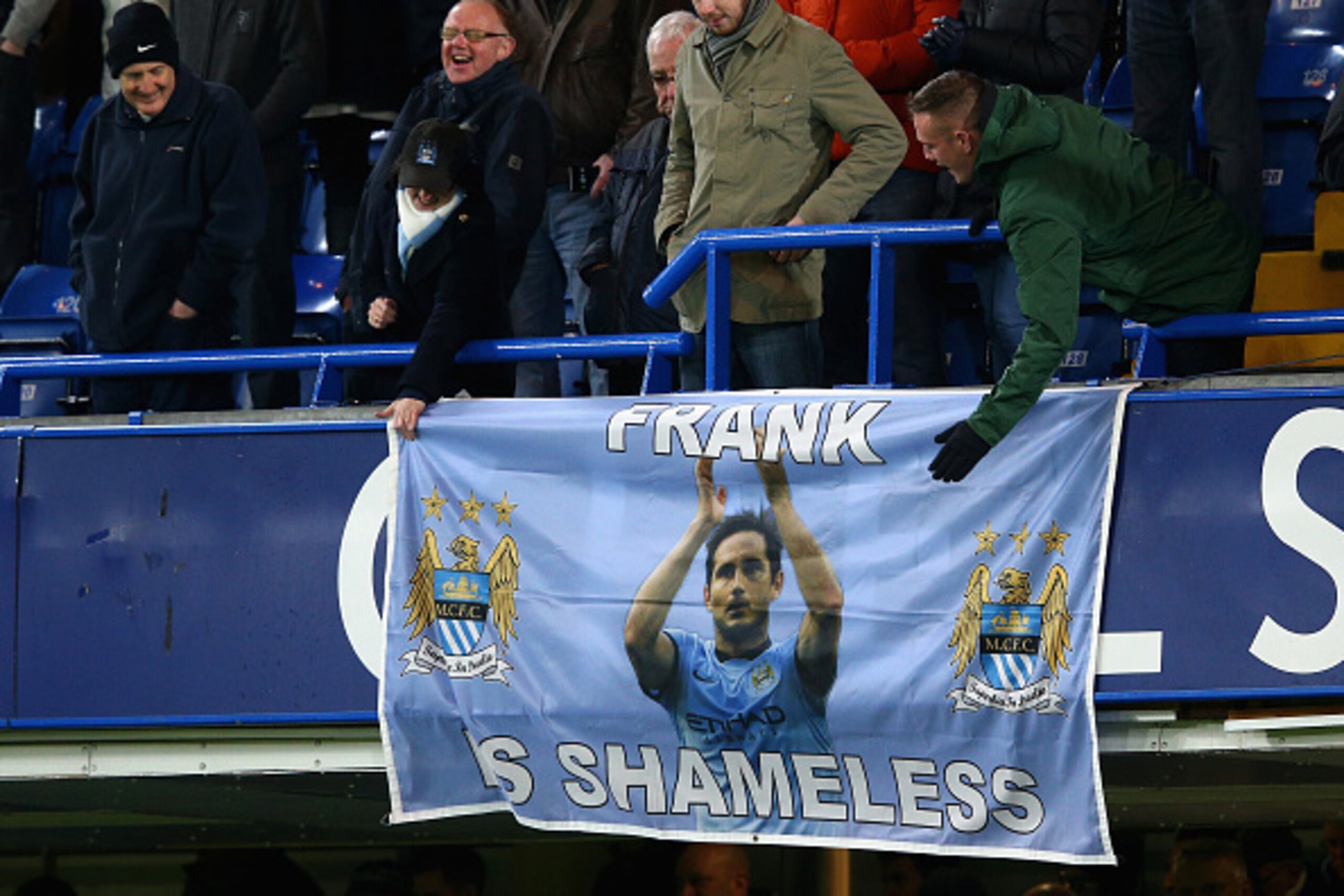 LONDON, ENGLAND - JANUARY 31: Man City fans hang a banner of Frank Lampard of Manchester City during the Barclays Premier League match between Chelsea and Manchester City at Stamford Bridge on January 31, 2015 in London, England. (Photo by Clive Mason/G LONDON, ENGLAND - JANUARY 31: Man City fans hang a banner of Frank Lampard of Manchester City during the Barclays Premier League match between Chelsea and Manchester City at Stamford Bridge on January 31, 2015 in London, England. (Photo by Clive Mason/G