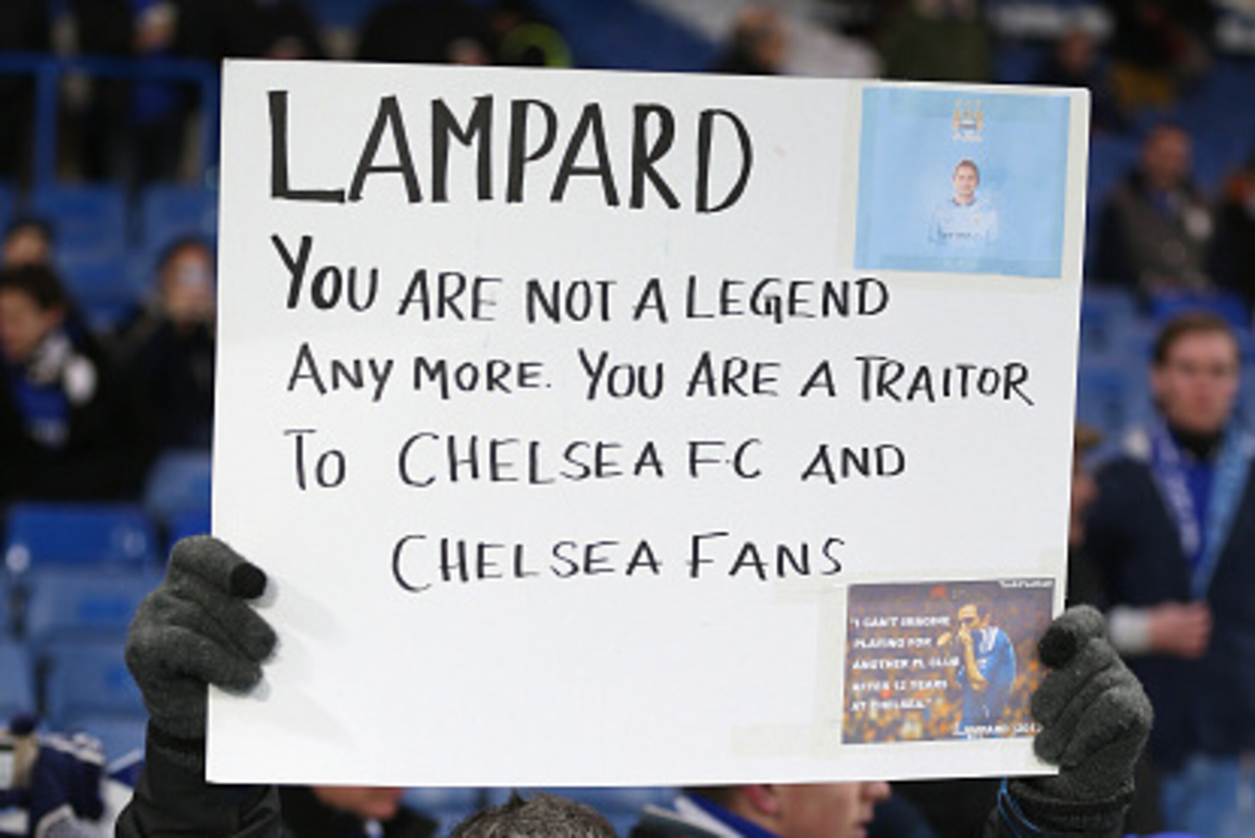 LONDON, ENGLAND - JANUARY 31: Chelsea fans hold up signs to former Chelsea player Frank Lampard of Manchester City during the Barclays Premier League match between Chelsea and Manchester City at Stamford Bridge on January 31, 2015 in London, England. (P LONDON, ENGLAND - JANUARY 31: Chelsea fans hold up signs to former Chelsea player Frank Lampard of Manchester City during the Barclays Premier League match between Chelsea and Manchester City at Stamford Bridge on January 31, 2015 in London, England. (P
