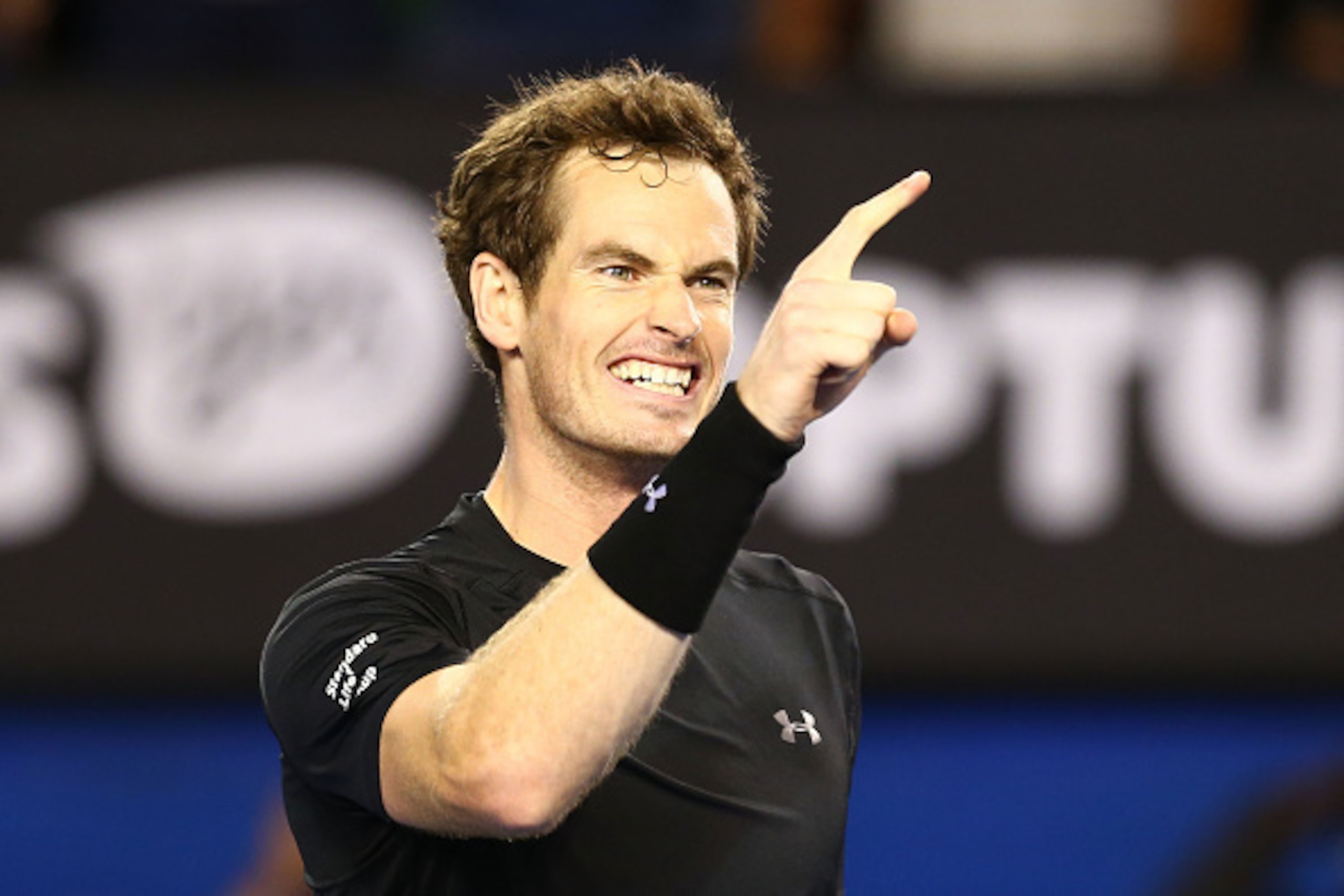 MELBOURNE, AUSTRALIA - JANUARY 29:  Andy Murray of Great Britain celebrates winning his semifinal match against Tomas Berdych of the Czech Republic during day 11 of the 2015 Australian Open at Melbourne Park on January 29, 2015 in Melbourne, Australia.  (