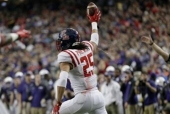 Dec 31, 2014; Atlanta , GA, USA; Mississippi Rebels defensive back Cody Prewitt (25) celebrates an interception during the second quarter in the 2014 Peach Bowl against the TCU Horned Frogs at the Georgia Dome. Mandatory Credit: Paul Abell/CFA Peach Bowl 