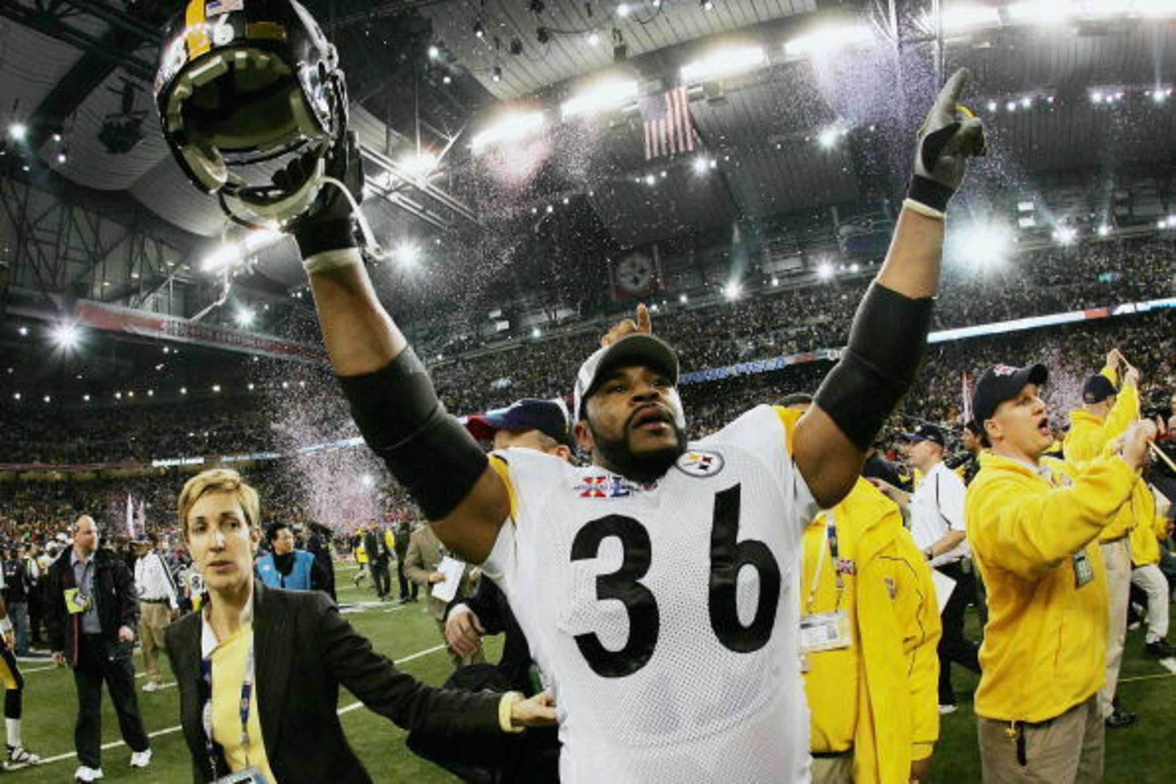 DETROIT - FEBRUARY 05:  Running back Jerome Bettis #36 of the Pittsburgh Steelers celebrates on the field after defeating the Seattle Seahawks in Super Bowl XL at Ford Field on February 5, 2006 in Detroit, Michigan. Bettis announced his retirement after t