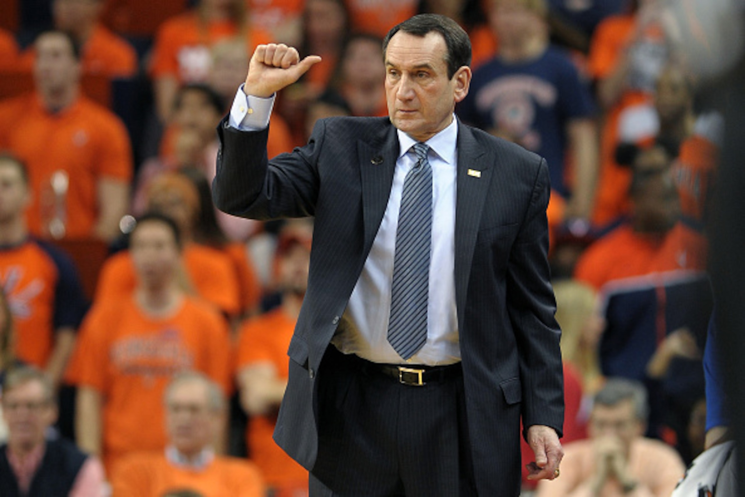 CHARLOTTESVILLE, VA - JANUARY 31: Head Coach Mike Krzyzewski of the Duke Blue Devils directs his team against the Virginia Cavaliers at John Paul Jones Arena on January 31, 2015 in Charlottesville, Virginia. (Photo by Lance King/Getty Images)