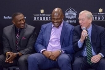 Jan 31, 2015; Phoenix, AZ, USA; Tim Brown (left), Charles Haley (center) and Bill Polian speak during a press conference to introduce the 2015 Pro Football Hall of Fame inductees at Symphony Hall. Mandatory Credit: Kirby Lee-USA TODAY Sports