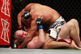 LAS VEGAS, NV - JANUARY 31:  Thales Leites (top) punches Tim Boetsch in their middleweight bout during UFC 183 at the MGM Grand Garden Arena on January 31, 2015 in Las Vegas, Nevada. Leites won by submission in the second round. (Photo by Steve Marcus/Get