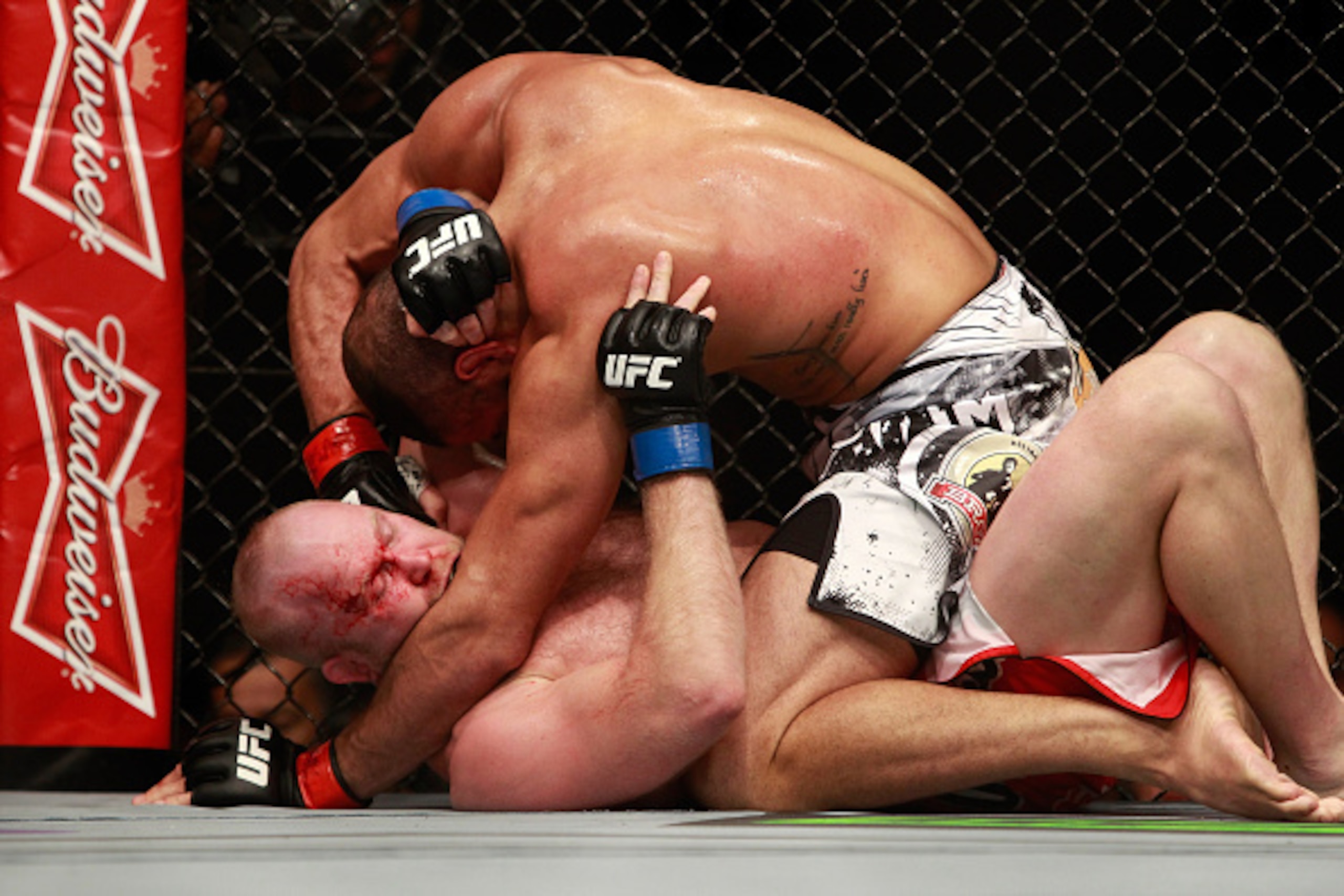 LAS VEGAS, NV - JANUARY 31:  Thales Leites (top) punches Tim Boetsch in their middleweight bout during UFC 183 at the MGM Grand Garden Arena on January 31, 2015 in Las Vegas, Nevada. Leites won by submission in the second round. (Photo by Steve Marcus/Get