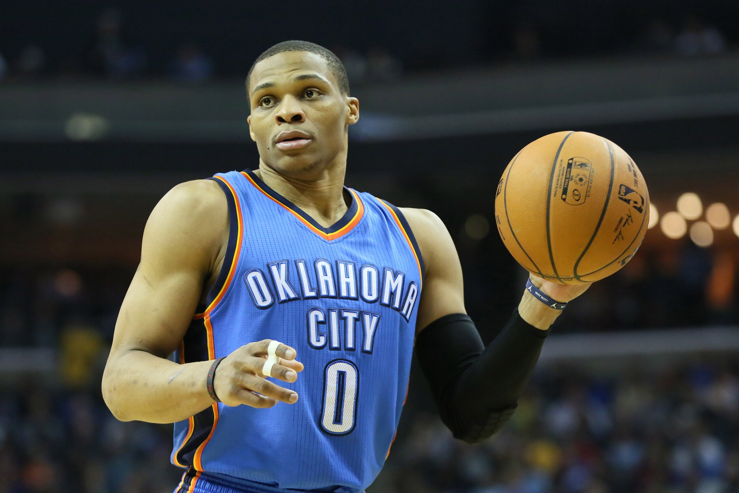 Jan 31, 2015; Memphis, TN, USA; Oklahoma City Thunder guard Russell Westbrook (0) looks to pass during the game against the Memphis Grizzlies at FedExForum. Memphis defeated Oklahoma City 85-74. Mandatory Credit: Nelson Chenault-USA TODAY Sports