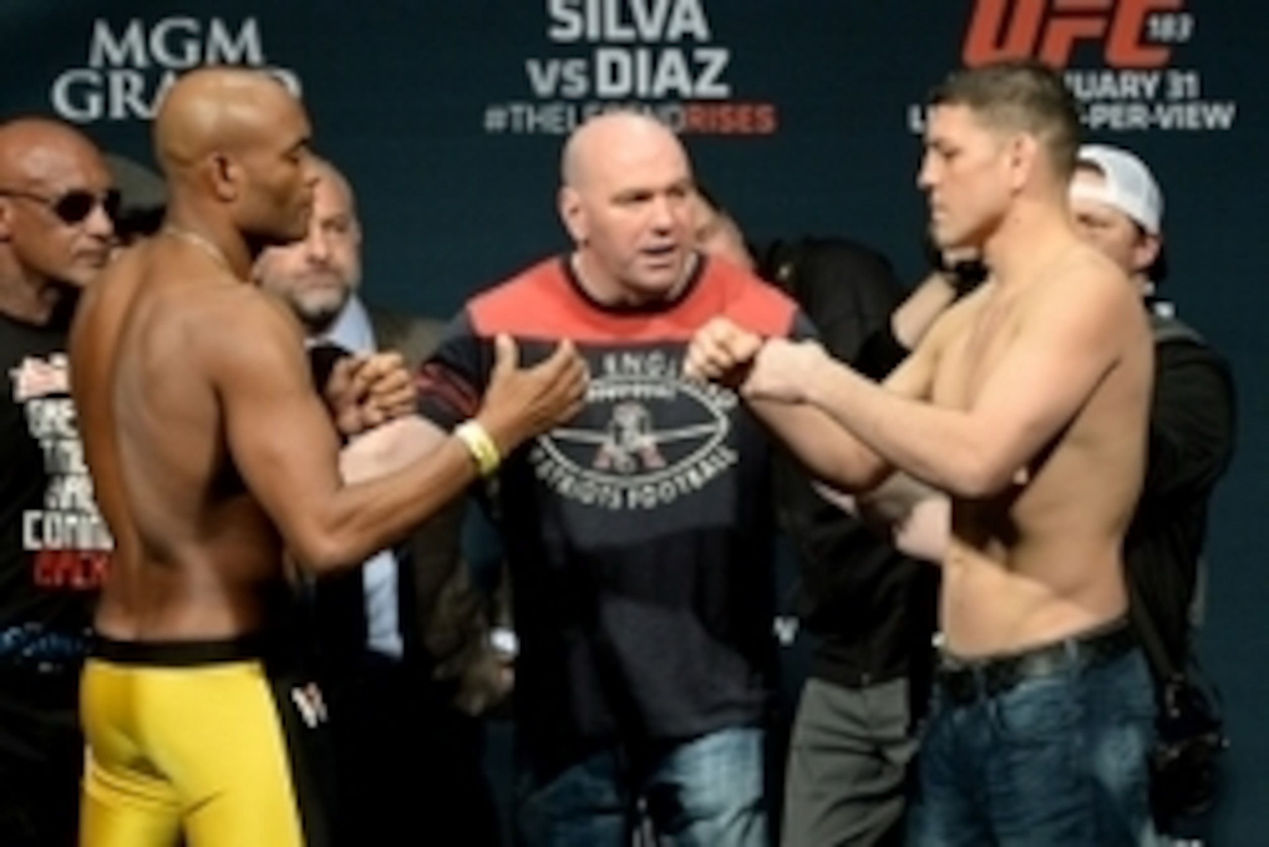 Jan 30, 2015; Las Vegas, NV, USA; Anderson Silva and Nick Diaz face off at the weigh in for their middleweight bout at the MGM Grand Garden Arena. Mandatory Credit: Jayne Kamin-Oncea-USA TODAY Sports