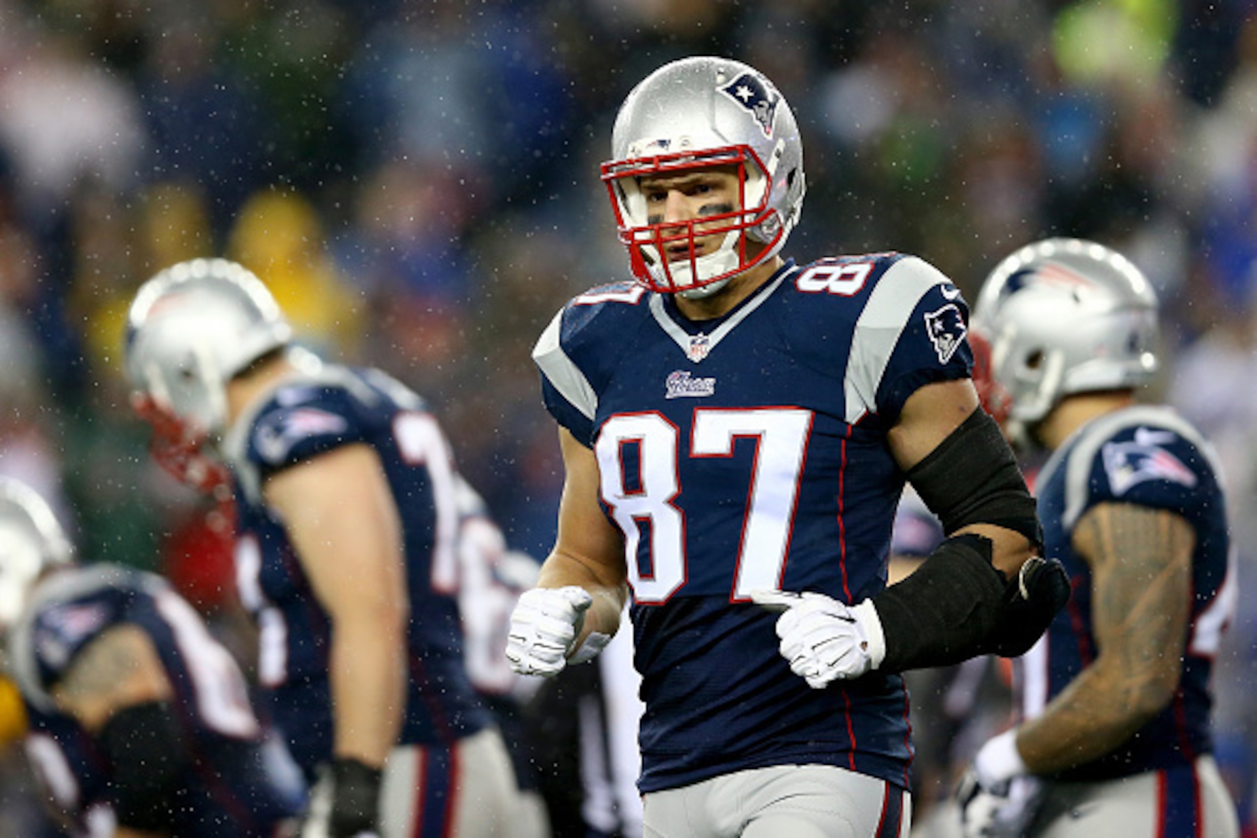FOXBORO, MA - JANUARY 18:   Rob Gronkowski #87 of the New England Patriots looks on against the Indianapolis Colts of the 2015 AFC Championship Game at Gillette Stadium on January 18, 2015 in Foxboro, Massachusetts.  (Photo by Maddie Meyer/Getty Images)