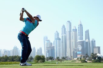 DUBAI, UNITED ARAB EMIRATES - FEBRUARY 01:  Rory McIlroy of Northern Ireland tees off on the eighth hole during the final round of the Omega Dubai Desert Classic on the Majlis Course at the Emirates Golf Club on February 1, 2015 in Dubai, United Arab Emir