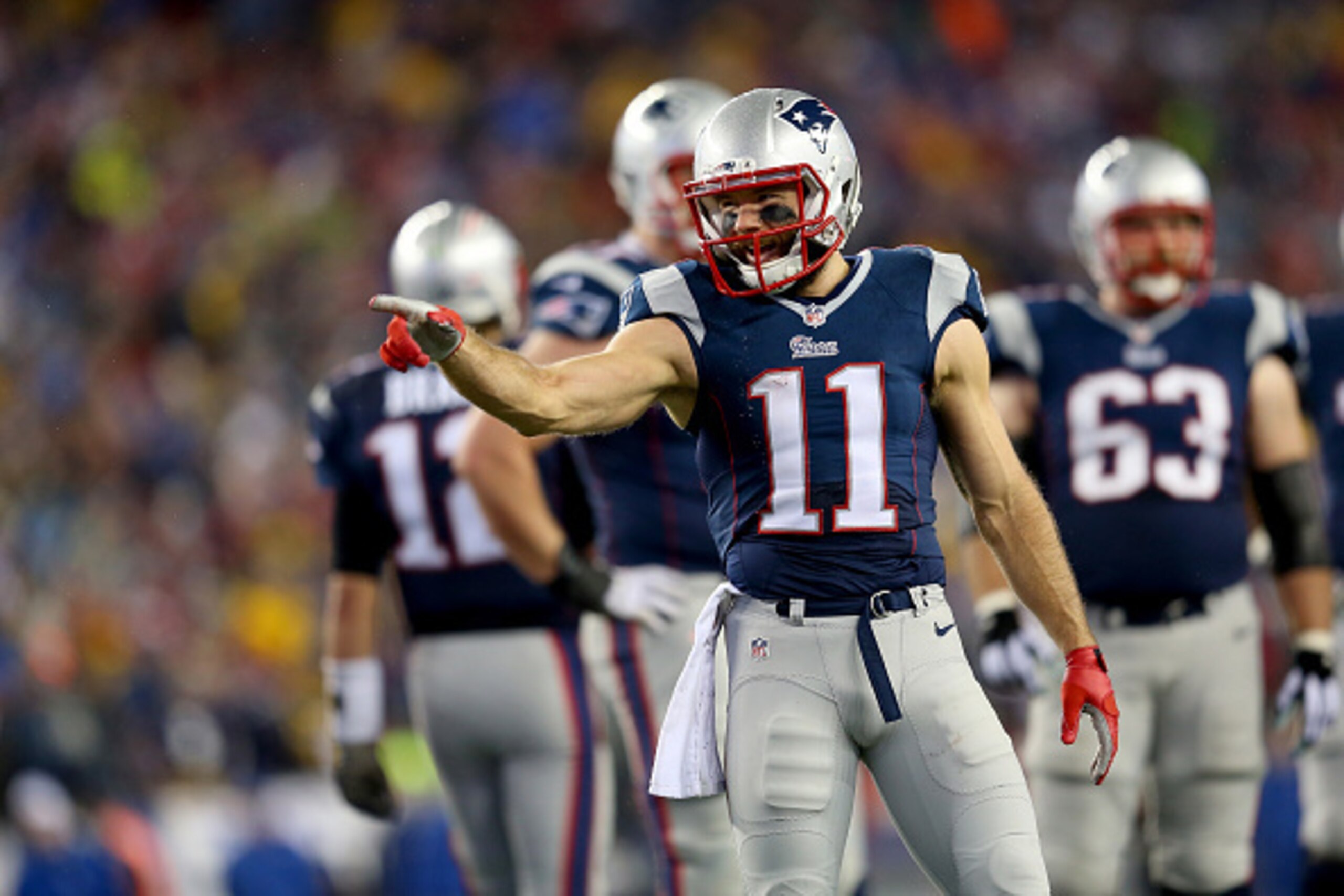 FOXBORO, MA - JANUARY 18: Julian Edelman #11 of the New England Patriots reacts against the Indianapolis Colts of the 2015 AFC Championship Game at Gillette Stadium on January 18, 2015 in Foxboro, Massachusetts. (Photo by Jim Rogash/Getty Images) FOXBORO, MA - JANUARY 18: Julian Edelman #11 of the New England Patriots reacts against the Indianapolis Colts of the 2015 AFC Championship Game at Gillette Stadium on January 18, 2015 in Foxboro, Massachusetts. (Photo by Jim Rogash/Getty Images)