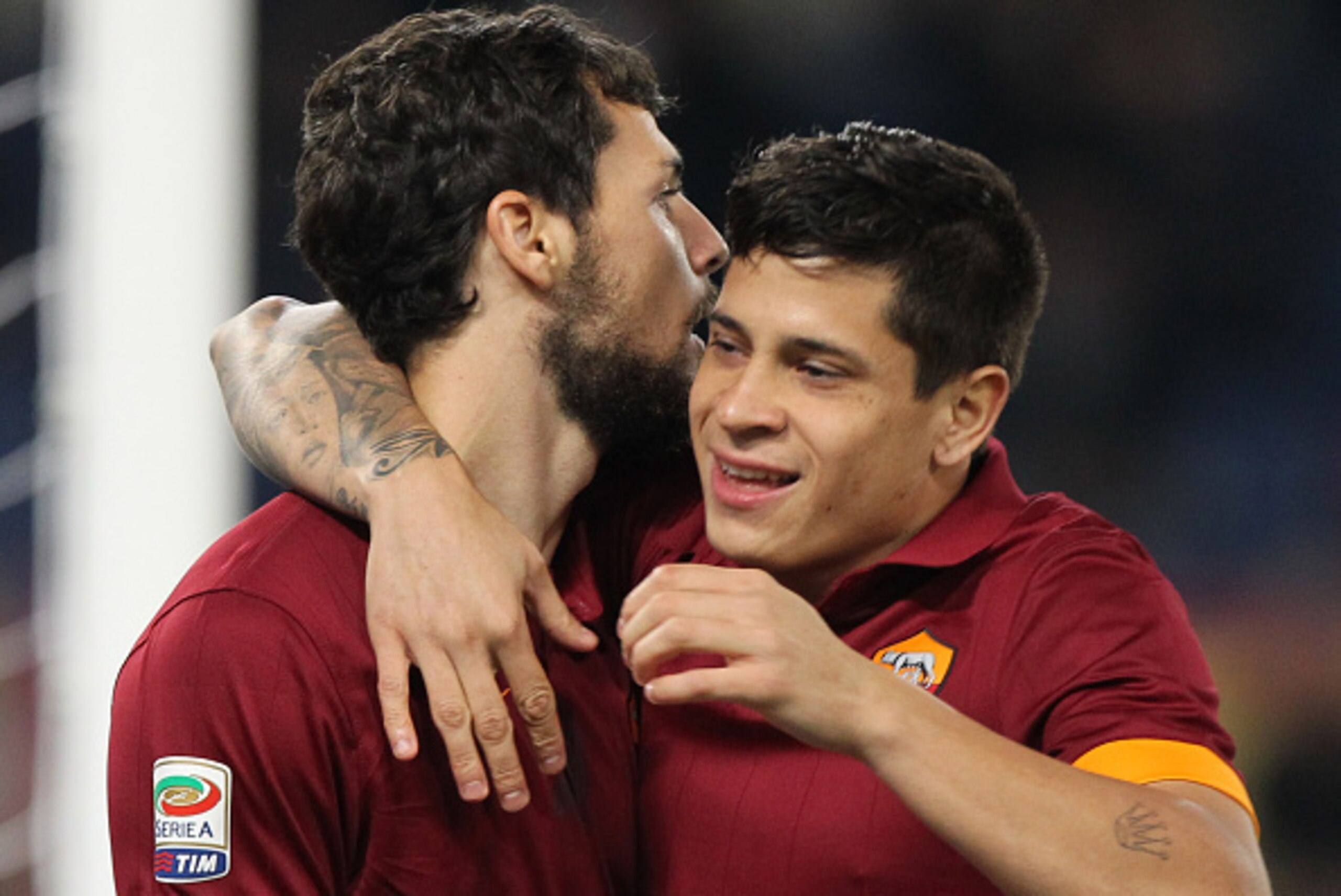 ROME, ITALY - OCTOBER 29: Mattia Destro (L) with his teammate Juan Iturbe of AS Roma celebrates after scoring the opening goal during the Serie A match between AS Roma and AC Cesena at Stadio Olimpico on October 29, 2014 in Rome, Italy. (Photo by Paolo ROME, ITALY - OCTOBER 29: Mattia Destro (L) with his teammate Juan Iturbe of AS Roma celebrates after scoring the opening goal during the Serie A match between AS Roma and AC Cesena at Stadio Olimpico on October 29, 2014 in Rome, Italy. (Photo by Paolo