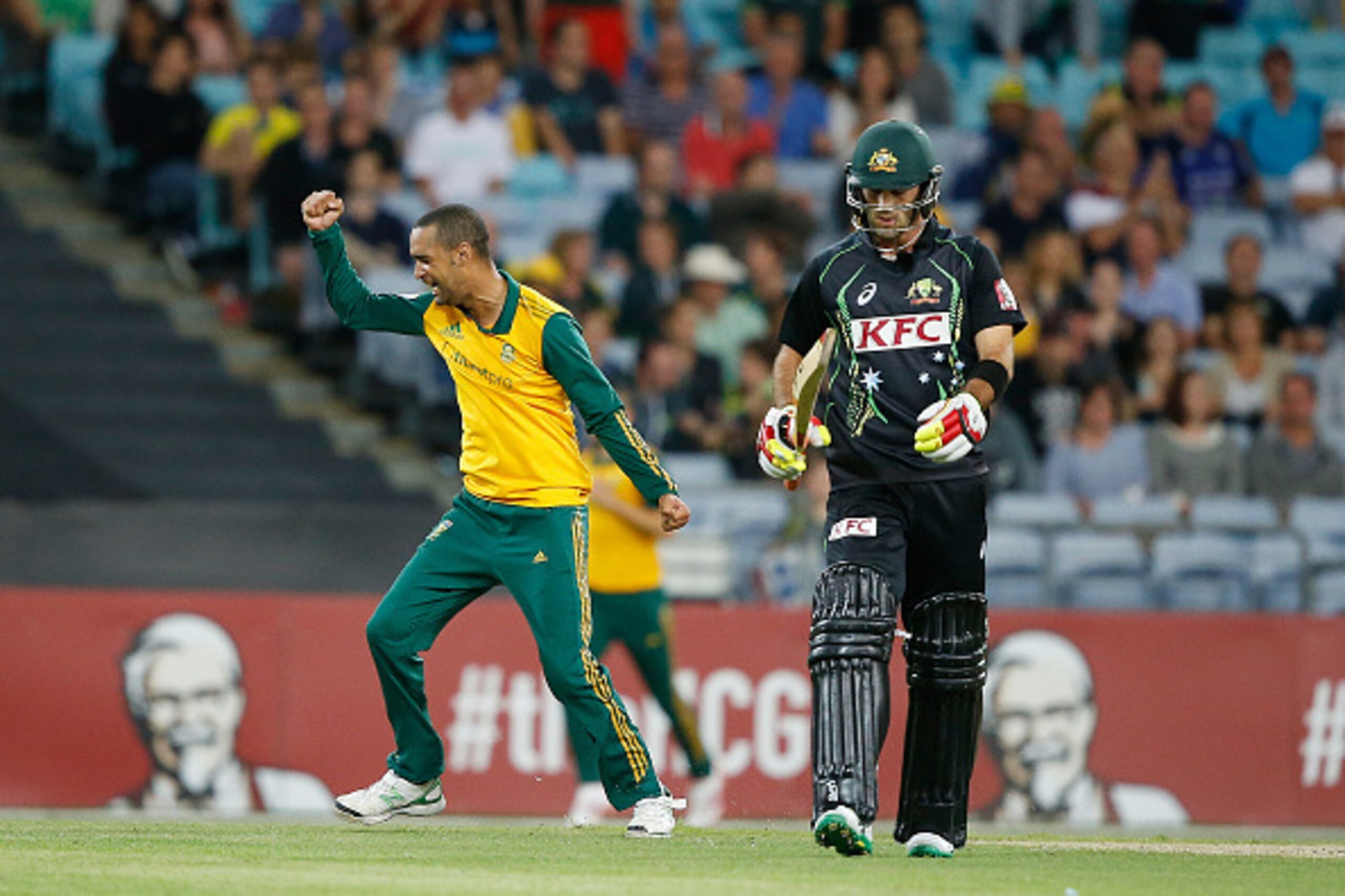 SYDNEY, AUSTRALIA - NOVEMBER 09:  Robin Petersen of South Africa celebrates after taking the wicket of Glenn Maxwell of Australia during game three of the Men's International Twenty20 series between Australia and South Africa at ANZ Stadium on November 9,