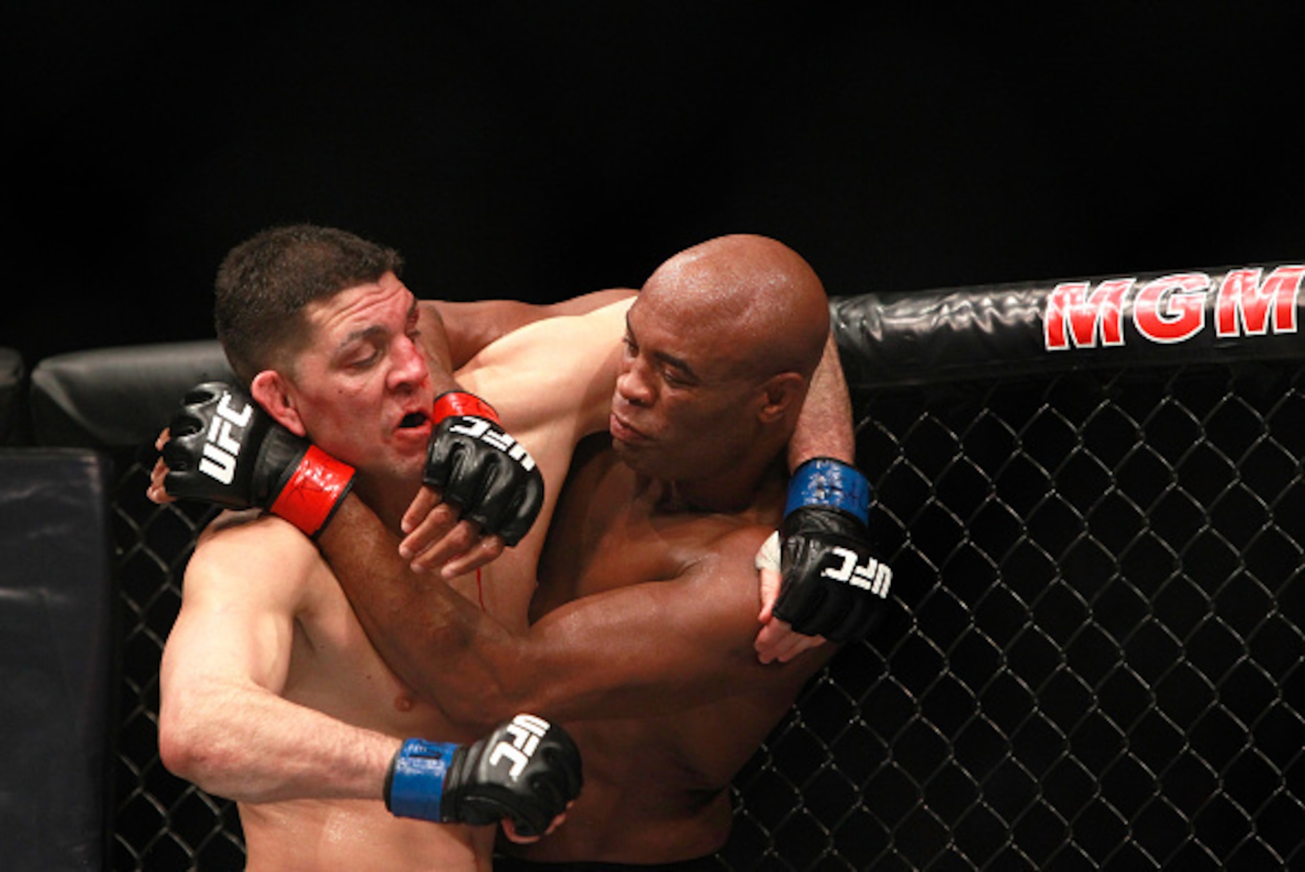 LAS VEGAS, NV - JANUARY 31:  Nick Diaz and Anderson Silva fight in their middleweight bout during UFC 183 at the MGM Grand Garden Arena on January 31, 2015 in Las Vegas, Nevada. Silva won by unanimous decision.  (Photo by Steve Marcus/Getty Images)