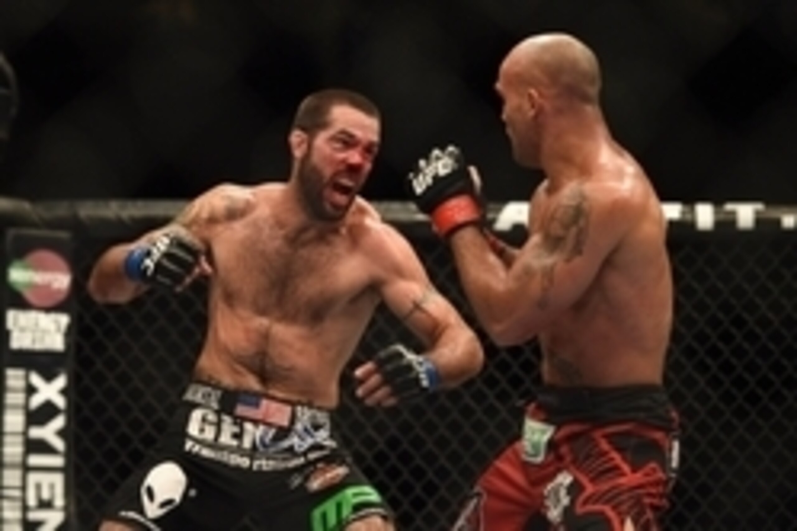 July 26, 2014; San Jose, CA, USA; Robbie Lawler (red gloves) defends against Matt Brown (blue gloves) during the welterweight bout of the FOX UFC Saturday at SAP Center. Mandatory Credit: Kyle Terada-USA TODAY Sports