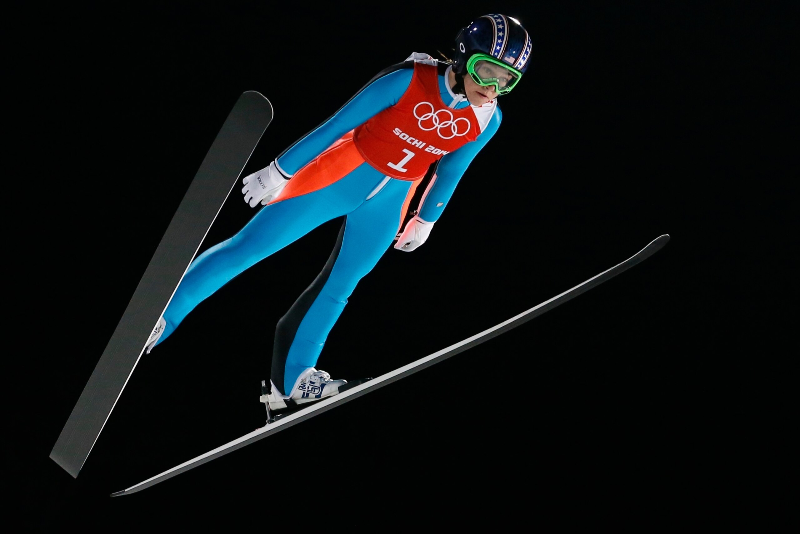 Feb 10, 2014; Krasnaya Polyana, RUSSIA; Sarah Hendrickson (USA) jumps during the Sochi 2014 Olympic Winter Games at RusSki Gorki Ski Jumping Center. Mandatory Credit: Rob Schumacher-USA TODAY Sports