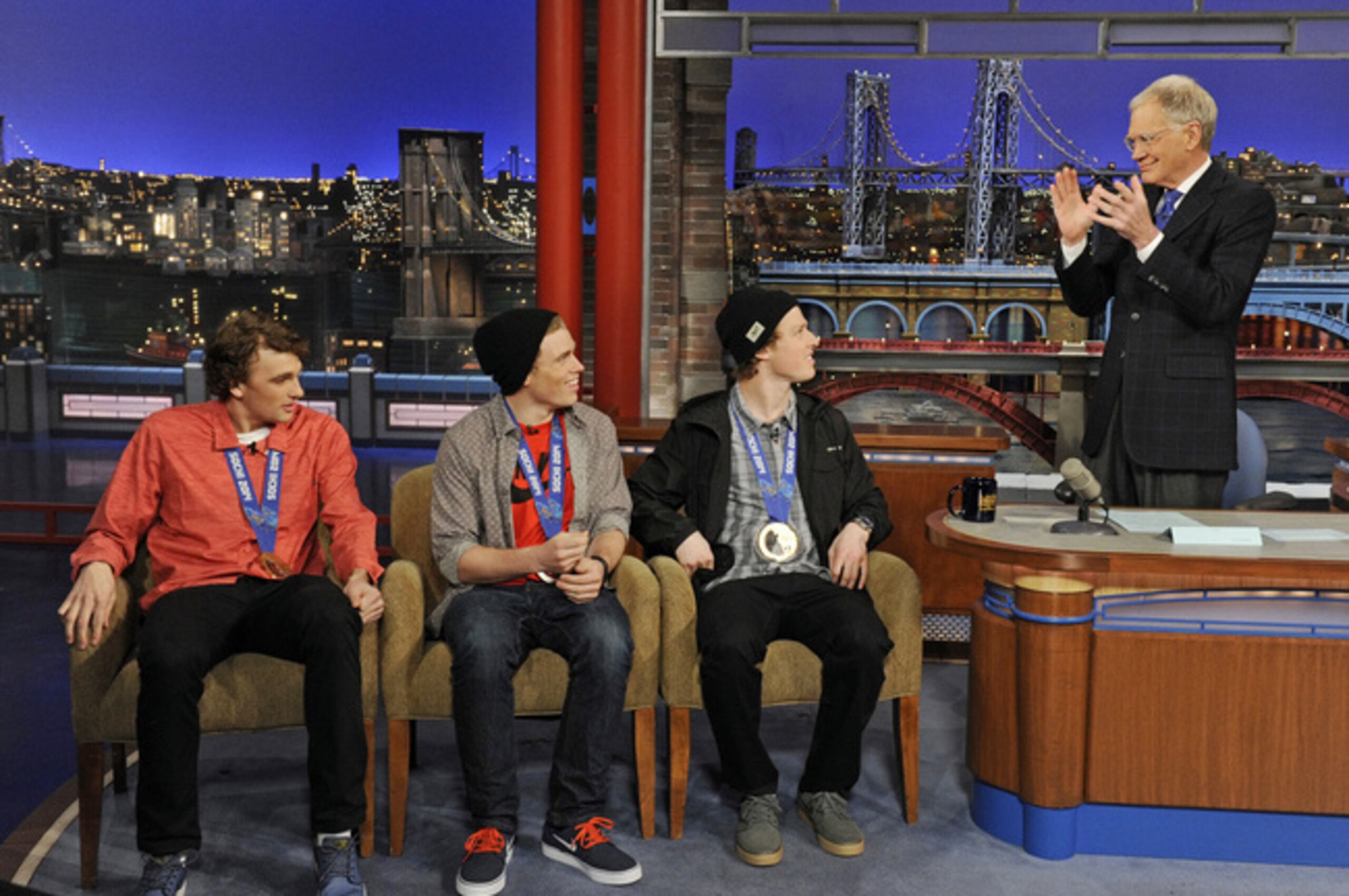 Joss Christensen, seated next to David Letterman, on the "Late Show with David Letterman.''