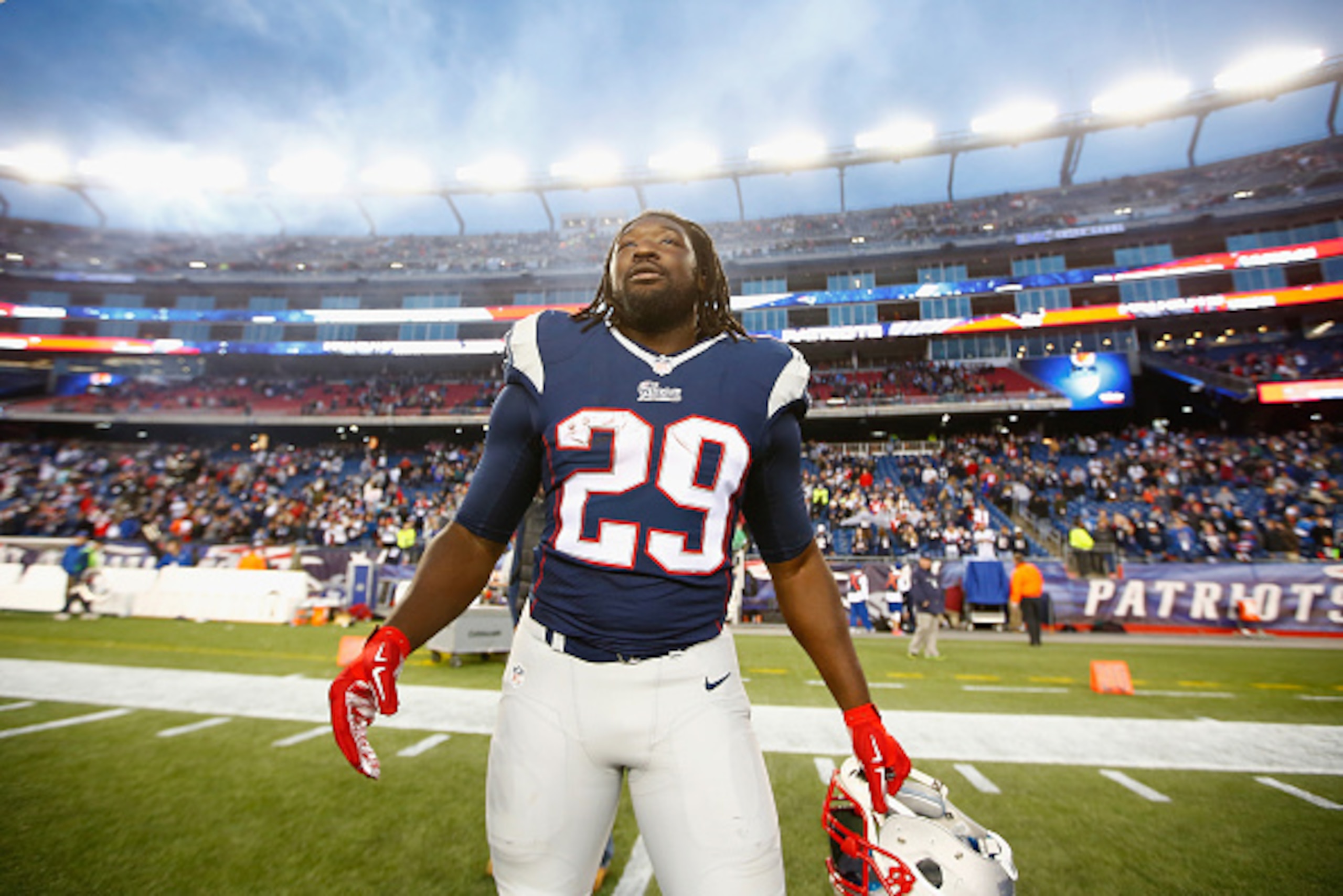 FOXBORO, MA - NOVEMBER 23:  LeGarrette Blount #29 of the New England Patriots reacts after a game against the Detroit Lions at Gillette Stadium on November 23, 2014 in Foxboro, Massachusetts.  (Photo by Jared Wickerham/Getty Images)