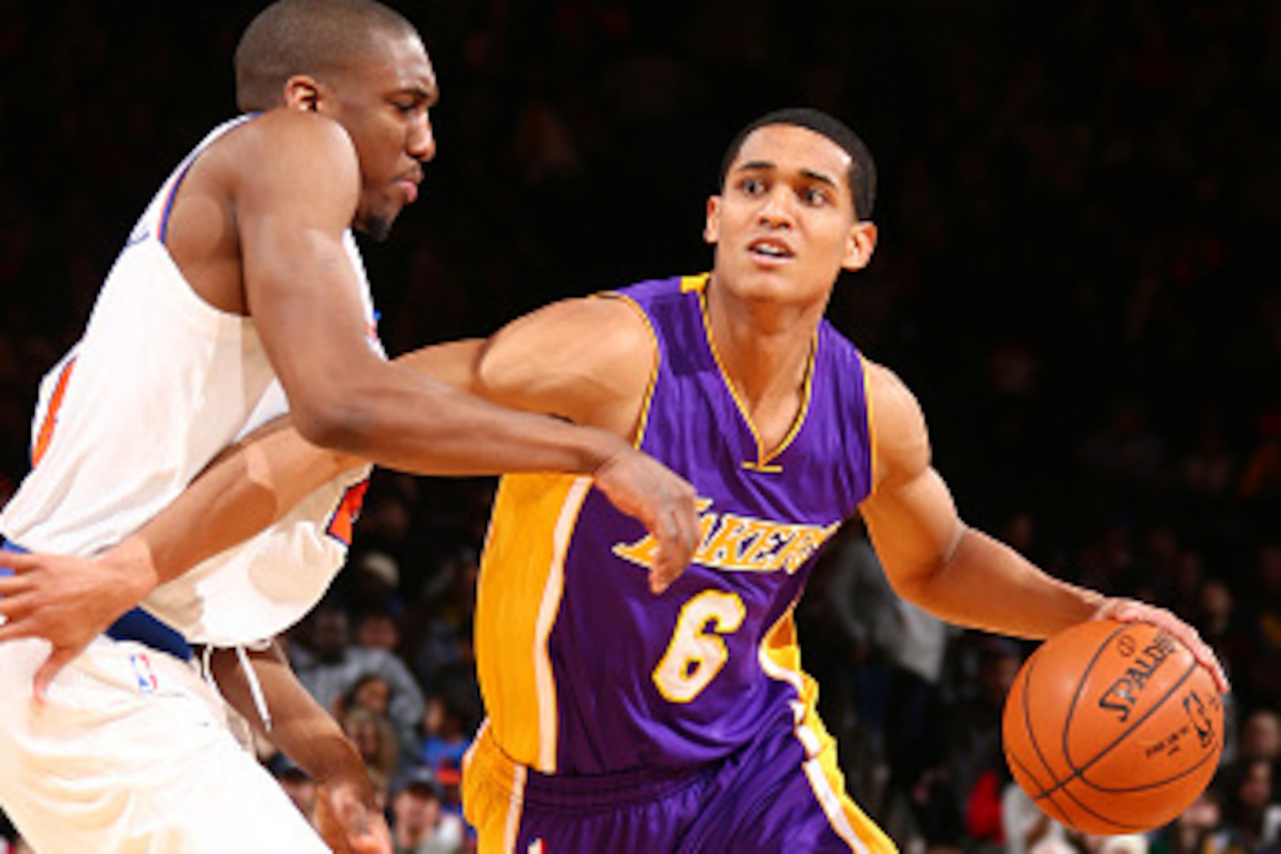 NEW YORK, NY -  FEBRUARY 2: Jordan Clarkson #6 of the Los Angeles Lakers drives to the basket against the New York Knicks during the game on February 2, 2015 at Madison Square Garden in New York, New York . NOTE TO USER: User expressly acknowledges and ag