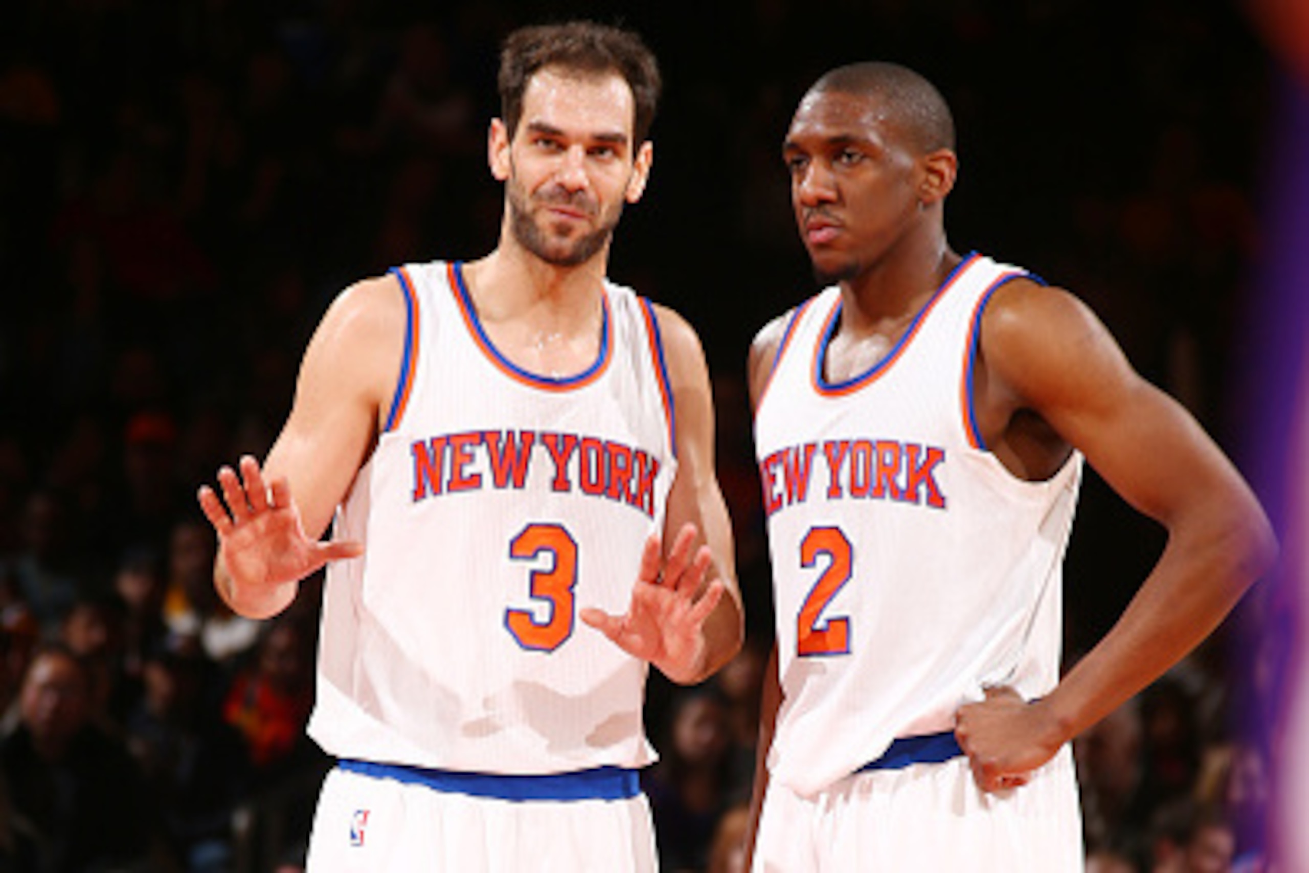 NEW YORK, NY -  FEBRUARY 2: Jose Calderon #3 talks to teammates Langston Galloway #2 of the New York Knicks during the game against the Los Angeles Lakers on February 2, 2015 at Madison Square Garden in New York, New York . NOTE TO USER: User expressly ac