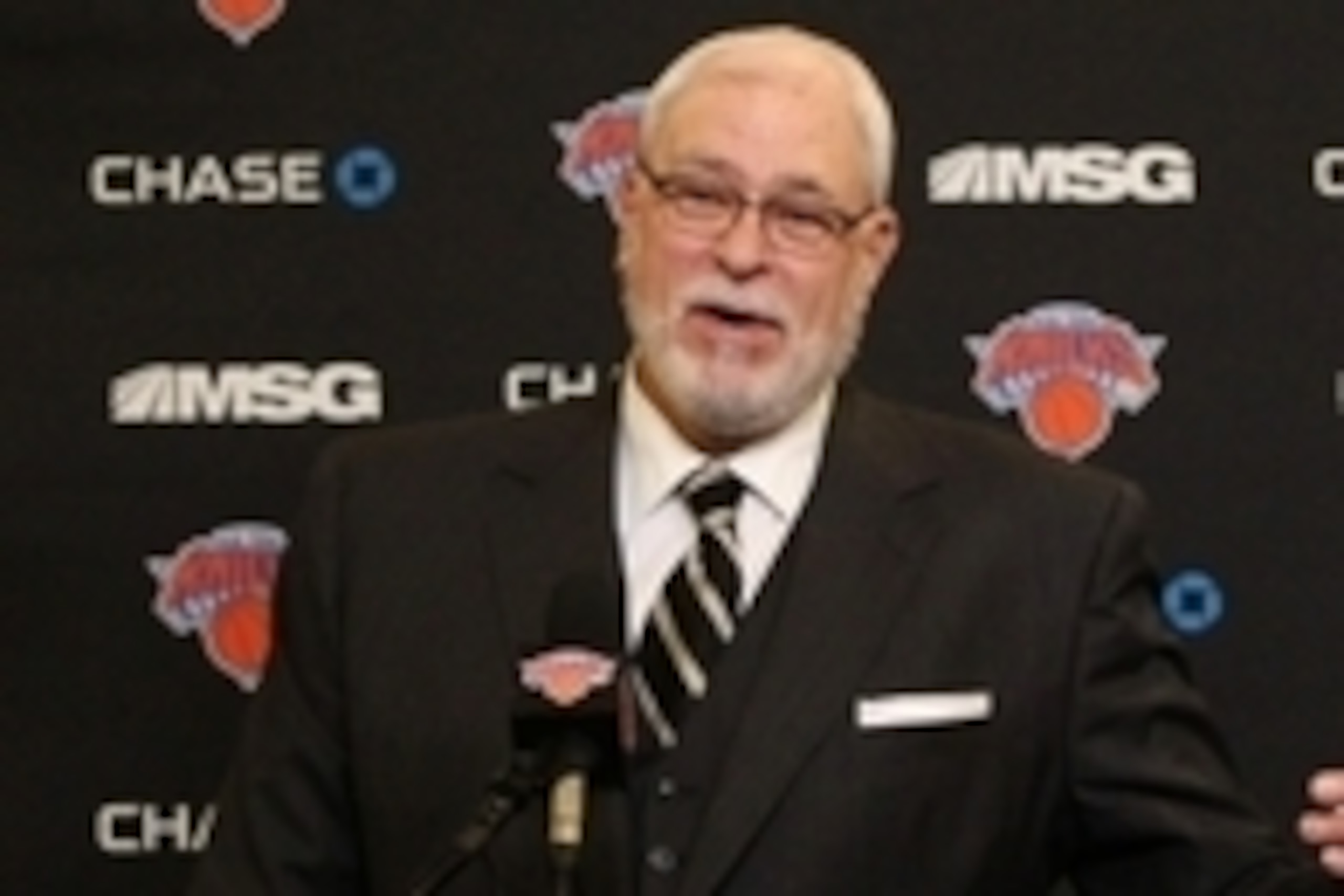 Jan 10, 2015; New York, NY, USA; New York Knicks president Phil Jackson addresses the media before the start of game against the Charlotte Hornets at Madison Square Garden. Mandatory Credit: Noah K. Murray-USA TODAY Sports