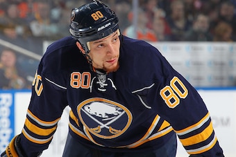 BUFFALO, NY - JANUARY 17: Chris Stewart #80 of the Buffalo Sabres prepares for a faceoff against the Philadelphia Flyers on January 17, 2015 at the First Niagara Center in Buffalo, New York.  (Photo by Bill Wippert/NHLI via Getty Images)