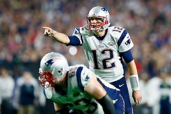 GLENDALE, AZ - FEBRUARY 01:  Tom Brady #12 of the New England Patriots signals in the second half against the Seattle Seahawks during Super Bowl XLIX at University of Phoenix Stadium on February 1, 2015 in Glendale, Arizona.  (Photo by Kevin C. Cox/Getty 