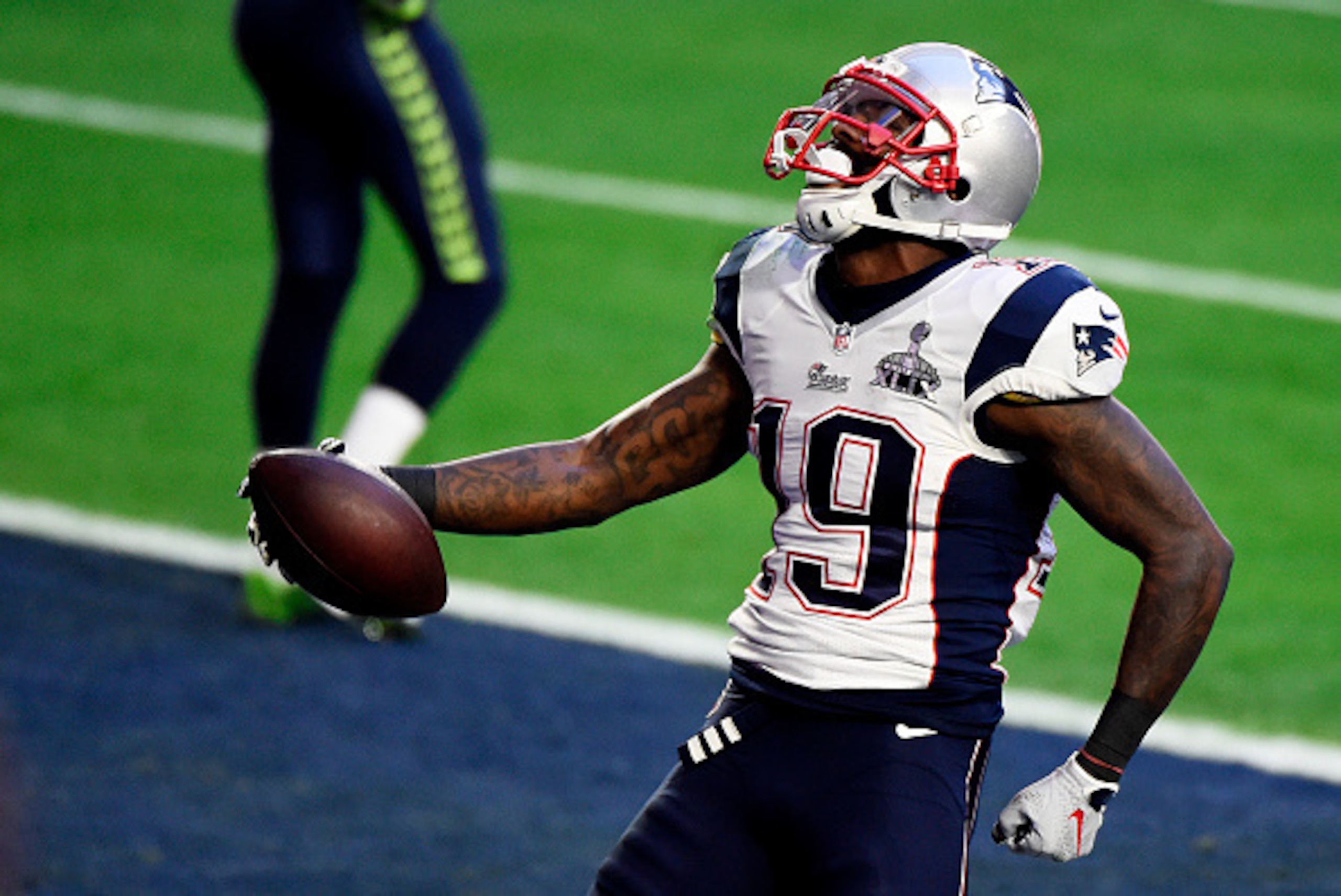 GLENDALE, AZ - FEBRUARY 01:  Brandon LaFell #19 of the New England Patriots celebrates after a touchdown against the Seattle Seahawks in the second quarter during Super Bowl XLIX at University of Phoenix Stadium on February 1, 2015 in Glendale, Arizona.  