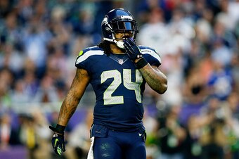 GLENDALE, AZ - FEBRUARY 01: Marshawn Lynch #24 of the Seattle Seahawks walks on the field while playing the New England Patriots in the second quarter during Super Bowl XLIX at University of Phoenix Stadium on February 1, 2015 in Glendale, Arizona.  (Phot