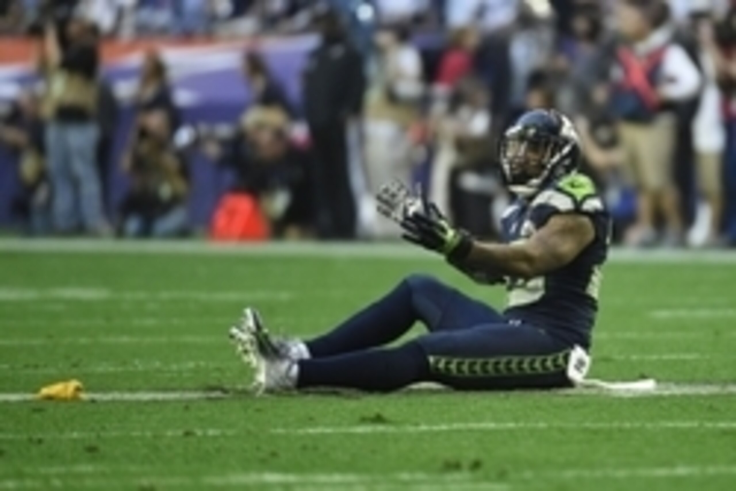 Feb 1, 2015; Glendale, AZ, USA;  Seattle Seahawks strong safety Jeron Johnson (23) protests a penalty called in the first quarter  Super Bowl XLIX at University of Phoenix Stadium. Mandatory Credit: Robert Deutsch-USA TODAY Sports