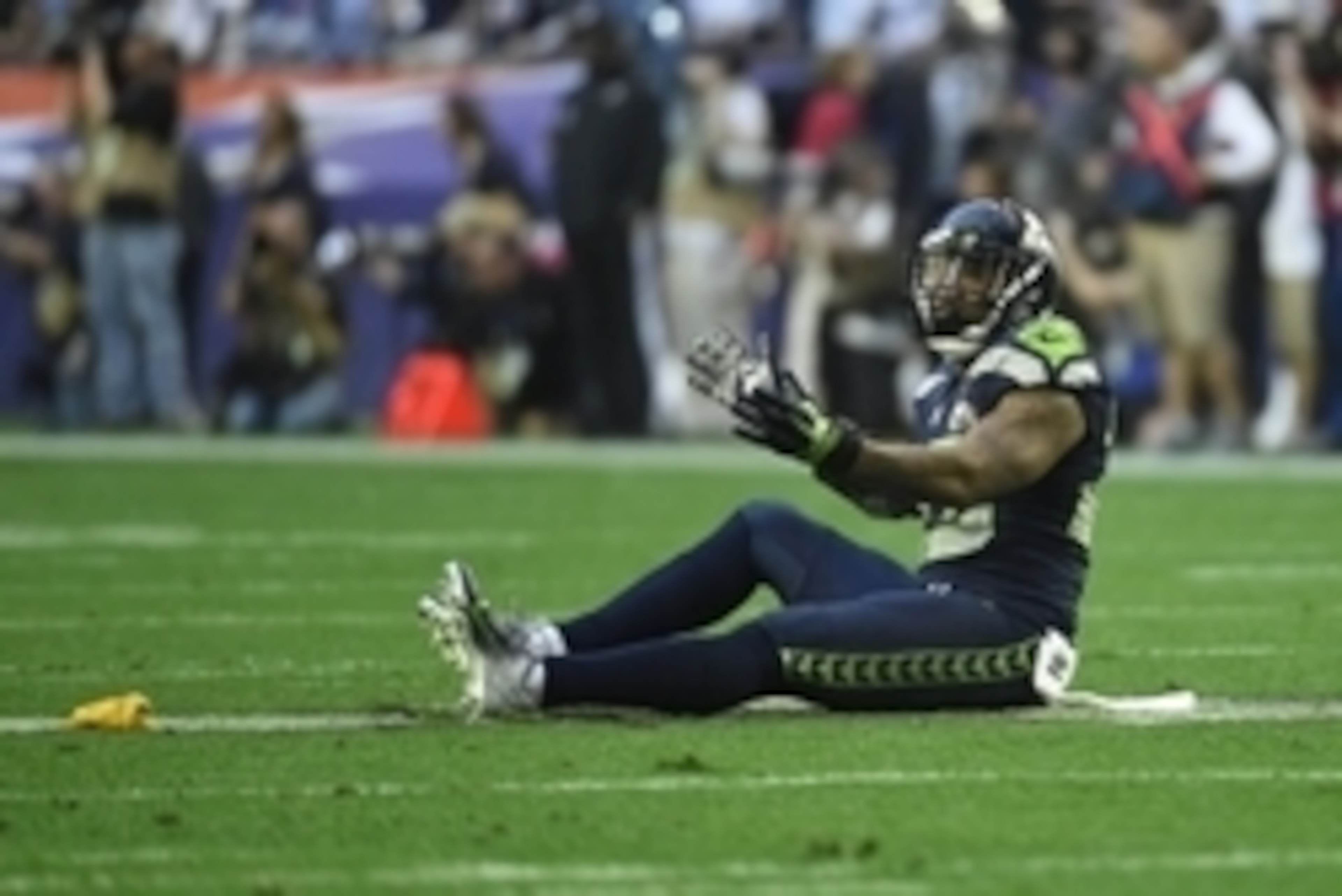 Feb 1, 2015; Glendale, AZ, USA;  Seattle Seahawks strong safety Jeron Johnson (23) protests a penalty called in the first quarter  Super Bowl XLIX at University of Phoenix Stadium. Mandatory Credit: Robert Deutsch-USA TODAY Sports