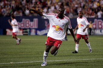 EAST RUTHERFORD, NJ - AUGUST 18:  Jozy Altidore #17 of the New York Red Bulls celebrates after scoring his teams fourth goal against the Los Angeles Galaxy at Giants Stadium on August 18, 2007 in East Rutherford, New Jersey.  (Photo by Mike Ehrmann/Getty 
