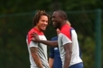 Jun 28, 2014; Sao Paulo, BRAZIL; USA forward Jozy Altidore (right) laughs with midfielder Jermaine Jones during team training at Sao Paulo FC. Mandatory Credit: Mark J. Rebilas-USA TODAY Sports
