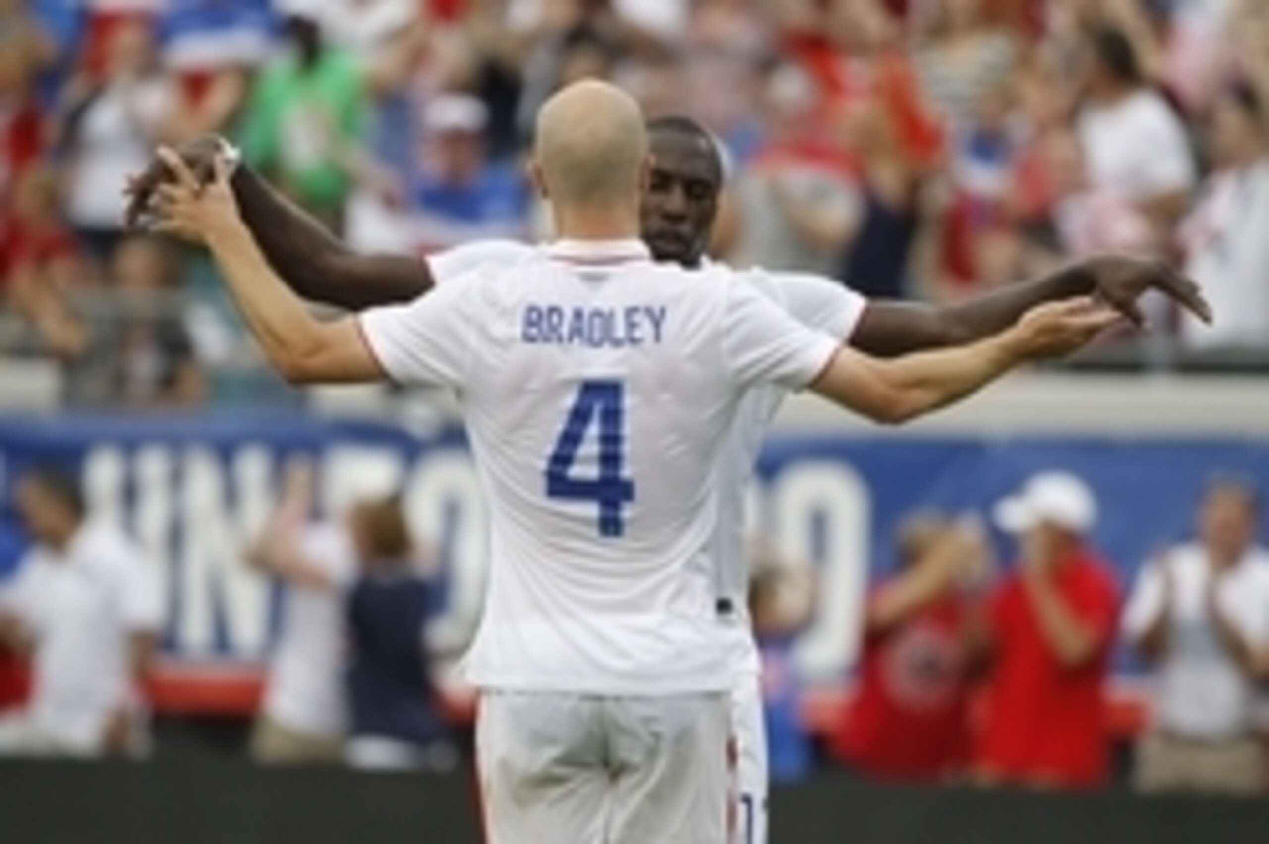 Jun 7, 2014; Jacksonville, FL, USA; United States forward Jozy Altidore (17) is congratulated by midfielder Michael Bradley (4) after he scored a goal during the second half against the Nigeria at EverBank Field. United States defeated Nigeria 2-1. Mandat