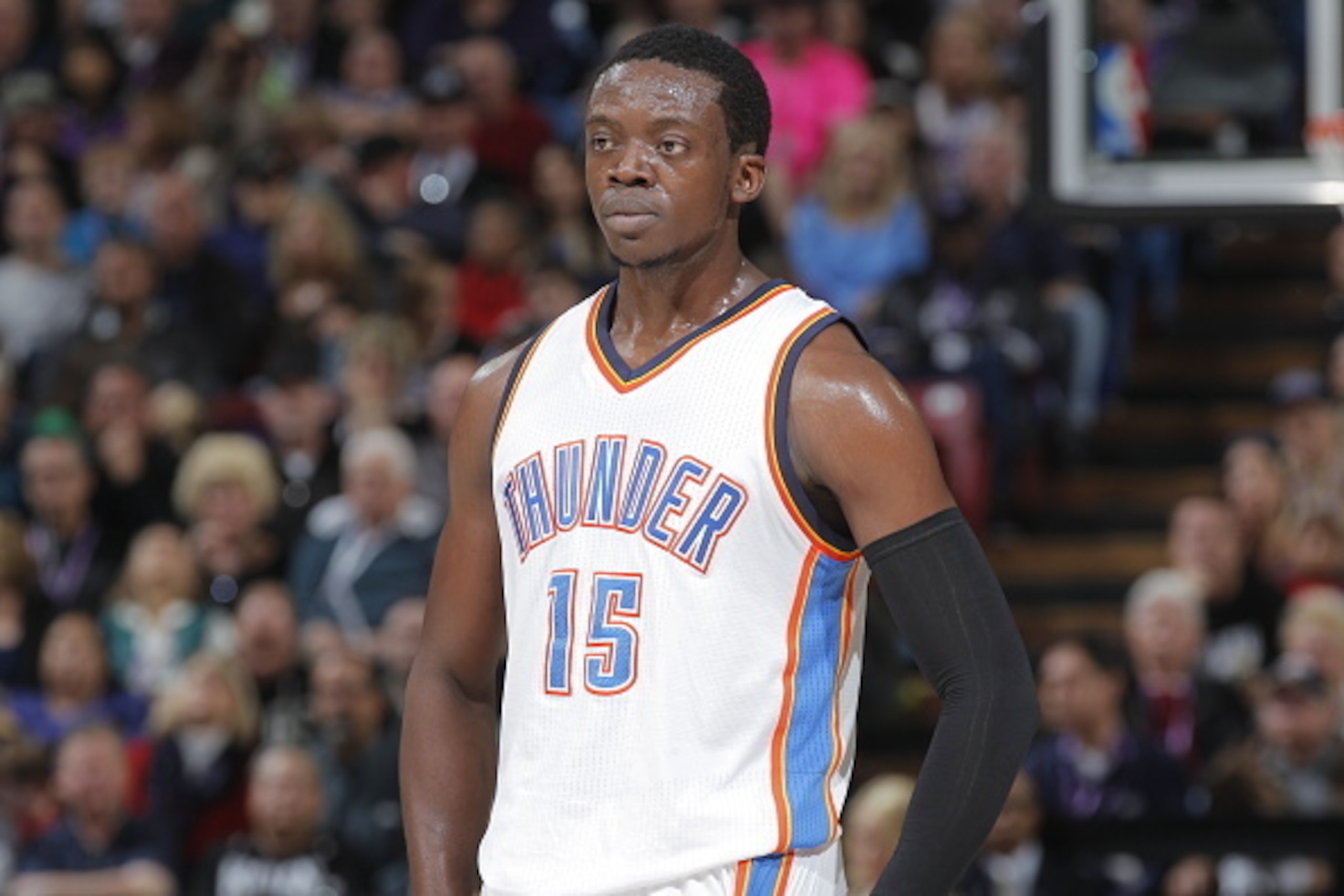 SACRAMENTO, CA - DECEMBER 16: Reggie Jackson #15 of the Oklahoma City Thunder looks on during the game against the Sacramento Kings on December 16, 2014 at Sleep Train Arena in Sacramento, California. NOTE TO USER: User expressly acknowledges and agrees t SACRAMENTO, CA - DECEMBER 16: Reggie Jackson #15 of the Oklahoma City Thunder looks on during the game against the Sacramento Kings on December 16, 2014 at Sleep Train Arena in Sacramento, California. NOTE TO USER: User expressly acknowledges and agrees t