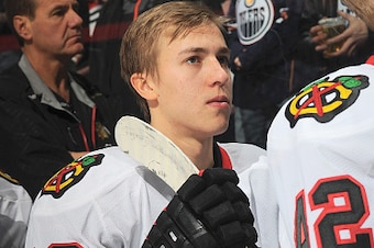 EDMONTON, AB - JANUARY 9: Teuvo Teravainen #86 of the Chicago Blackhawks stands for the singing of the national anthem prior to the game against the Edmonton Oilers on January 9, 2015 at Rexall Place in Edmonton, Alberta, Canada. (Photo by Andy Devlin/NHL