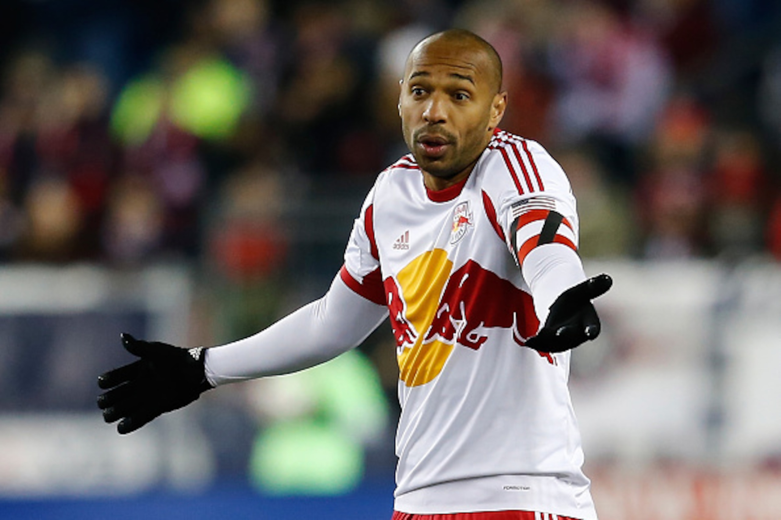 FOXBORO, MA - NOVEMBER 29:  Thierry Henry #14 of New York Red Bulls reacts in the second half against the New England Revolution in the second half during Leg 2 of the MLS Eastern Conference game at Gillette Stadium on November 29, 2014 in Foxboro, Massac