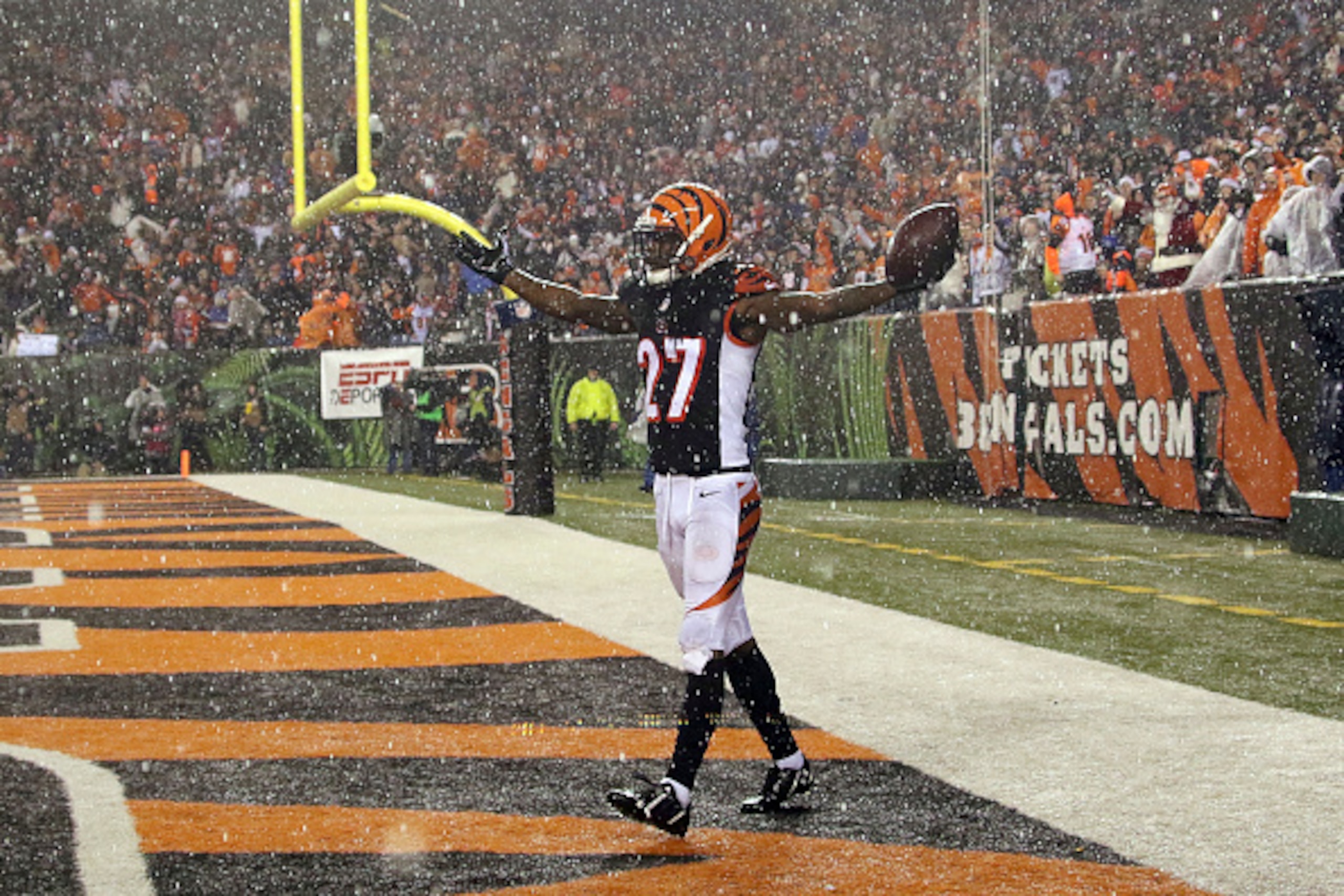 CINCINNATI, OH - DECEMBER 22:  Dre Kirkpatrick #27 of the Cincinnati Bengals celebrates after making an interception late in the fourth quarter of the game against the Denver Broncos at Paul Brown Stadium on December 22, 2014 in Cincinnati, Ohio. Cincinna