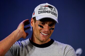 GLENDALE, AZ - FEBRUARY 01:  Tom Brady #12 of the New England Patriots talks to the media after winning Super Bowl XLIX 28-24 against the Seattle Seahawks at University of Phoenix Stadium on February 1, 2015 in Glendale, Arizona.  (Photo by Tom Pennington