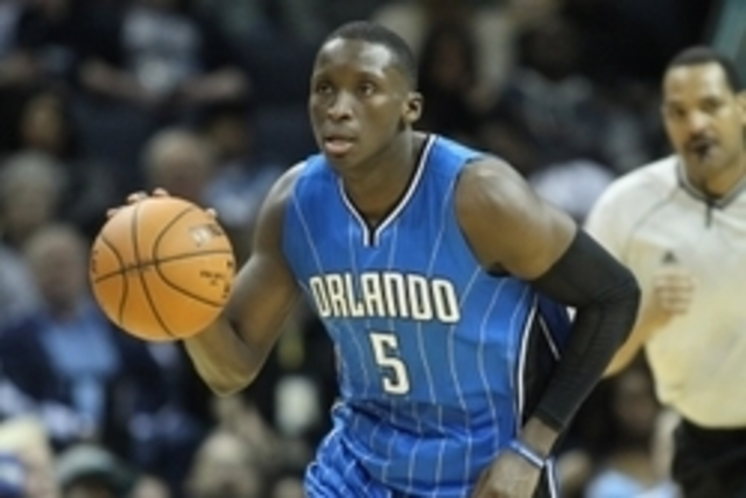 Jan 26, 2015; Memphis, TN, USA; Orlando Magic guard Victor Oladipo (5) dribbles the ball during the second half against the Memphis Grizzlies at FedExForum. Mandatory Credit: Nelson Chenault-USA TODAY Sports