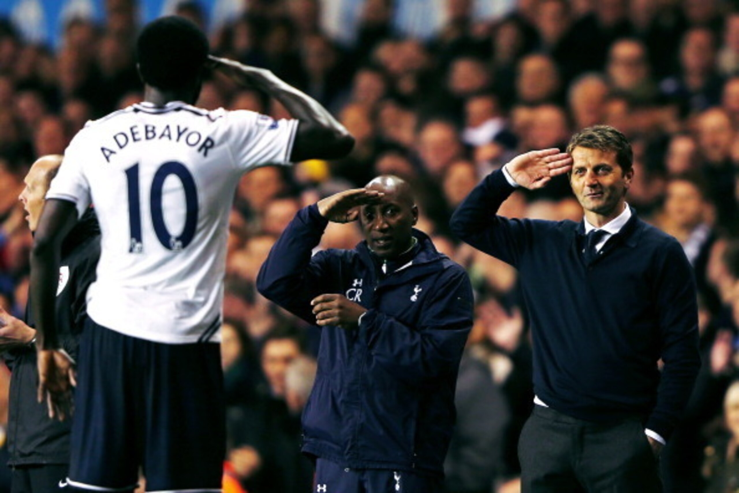 LONDON, ENGLAND - APRIL 07:  (Editors Note: This is a retransmission of #483256333) Emmanuel Adebayor of Tottenham Hotspur celebrates scoring his second goal with Tim Sherwood (R), manager of Tottenham Hotspur and Chris Ramsey during the Barclays Premier 