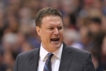 Feb 2, 2015; Lawrence, KS, USA; Kansas Jayhawks head coach Bill Self yells from the sidelines during the second half against the Iowa State Cyclones at Allen Fieldhouse. The Jayhawks won 89-76. Mandatory Credit: Denny Medley-USA TODAY Sports