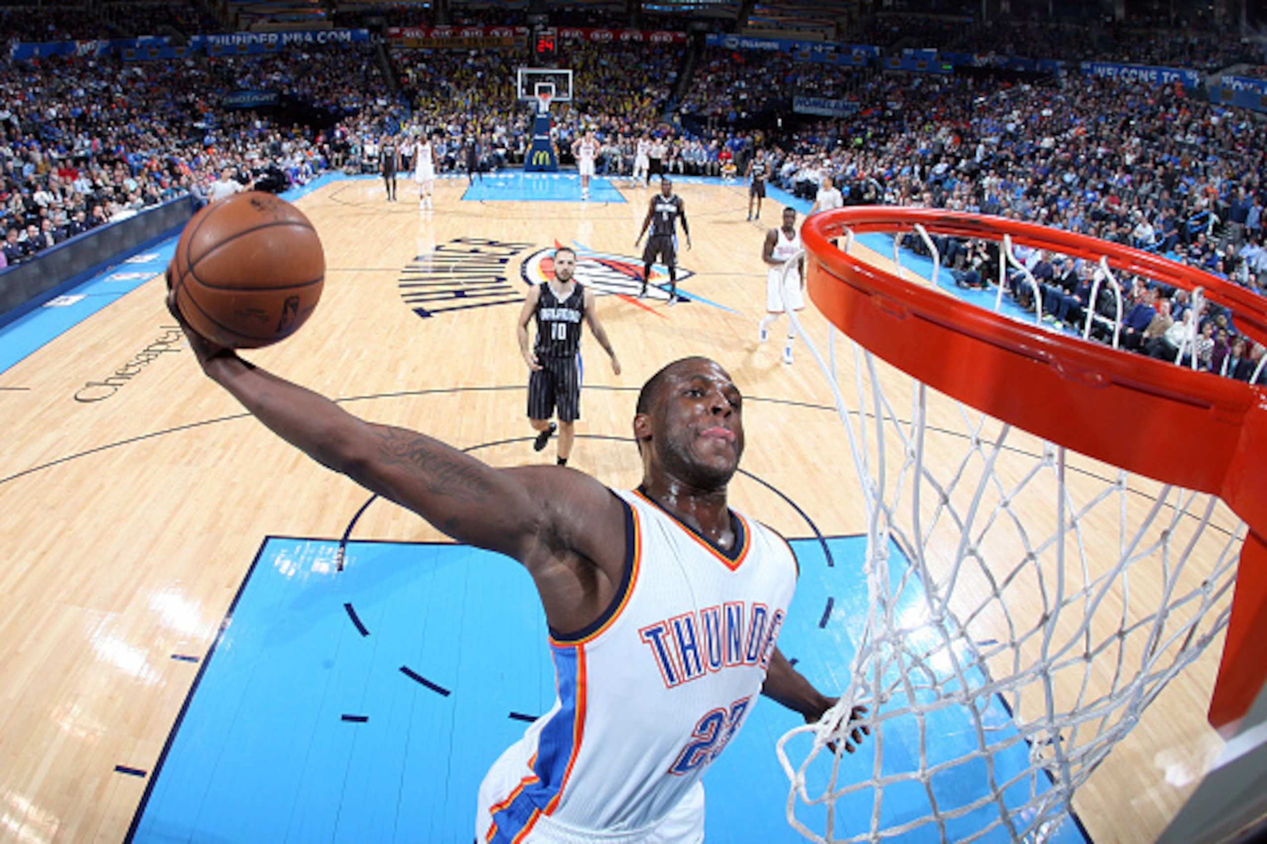 OKLAHOMA CITY, OK- FEBRUARY 2:  Dion Waiters #23 of the Oklahoma City Thunder goes up for a dunk against the Orlando Magic during the game on February 2, 2015 at Chesapeake Energy Arena in Oklahoma City, Oklahoma. NOTE TO USER: User expressly acknowledges