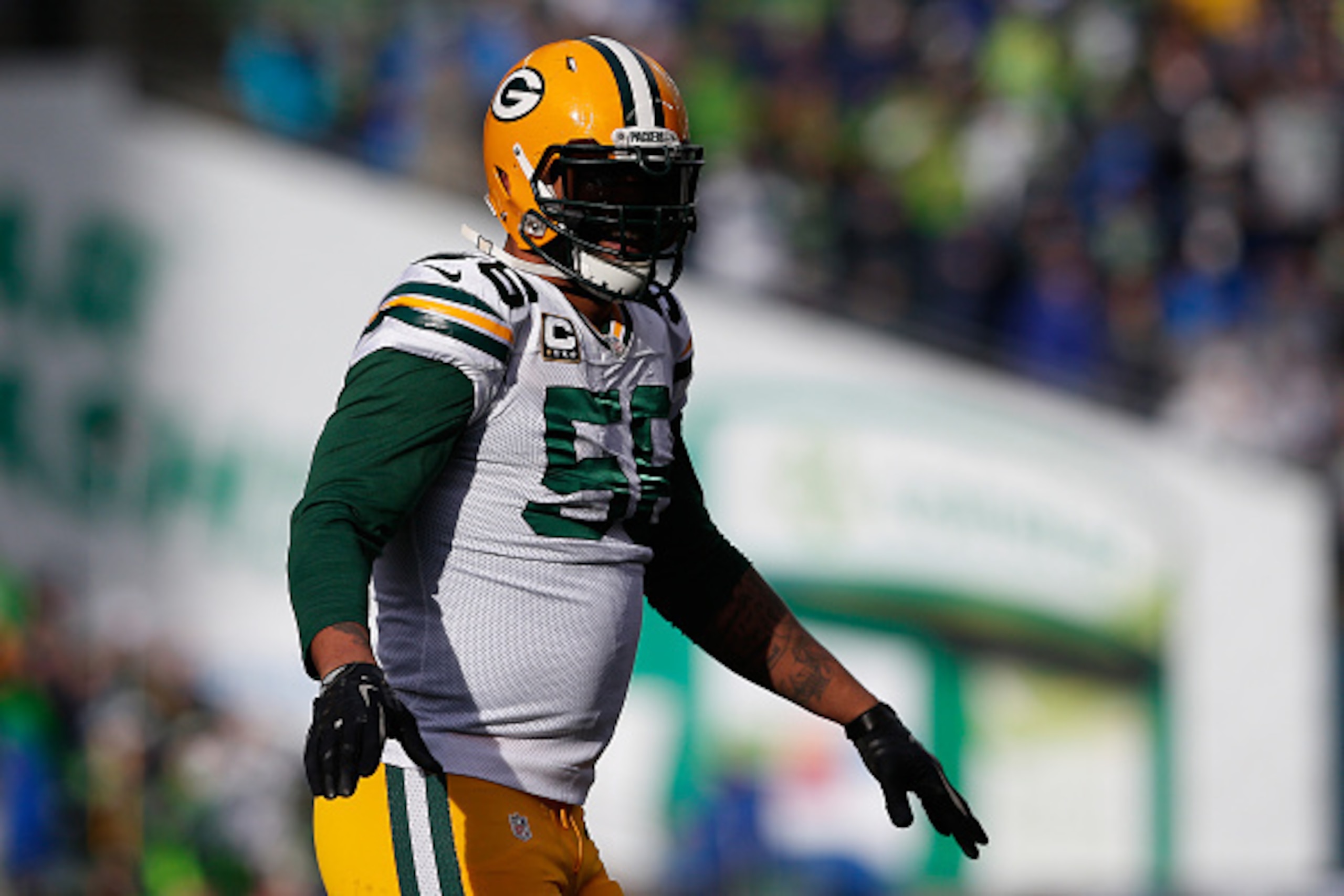 SEATTLE, WA - JANUARY 18:  Julius Peppers #56 of the Green Bay Packers in action against the Seattle Seahawks during the 2015 NFC Championship game at CenturyLink Field on January 18, 2015 in Seattle, Washington.  (Photo by Christian Petersen/Getty Images