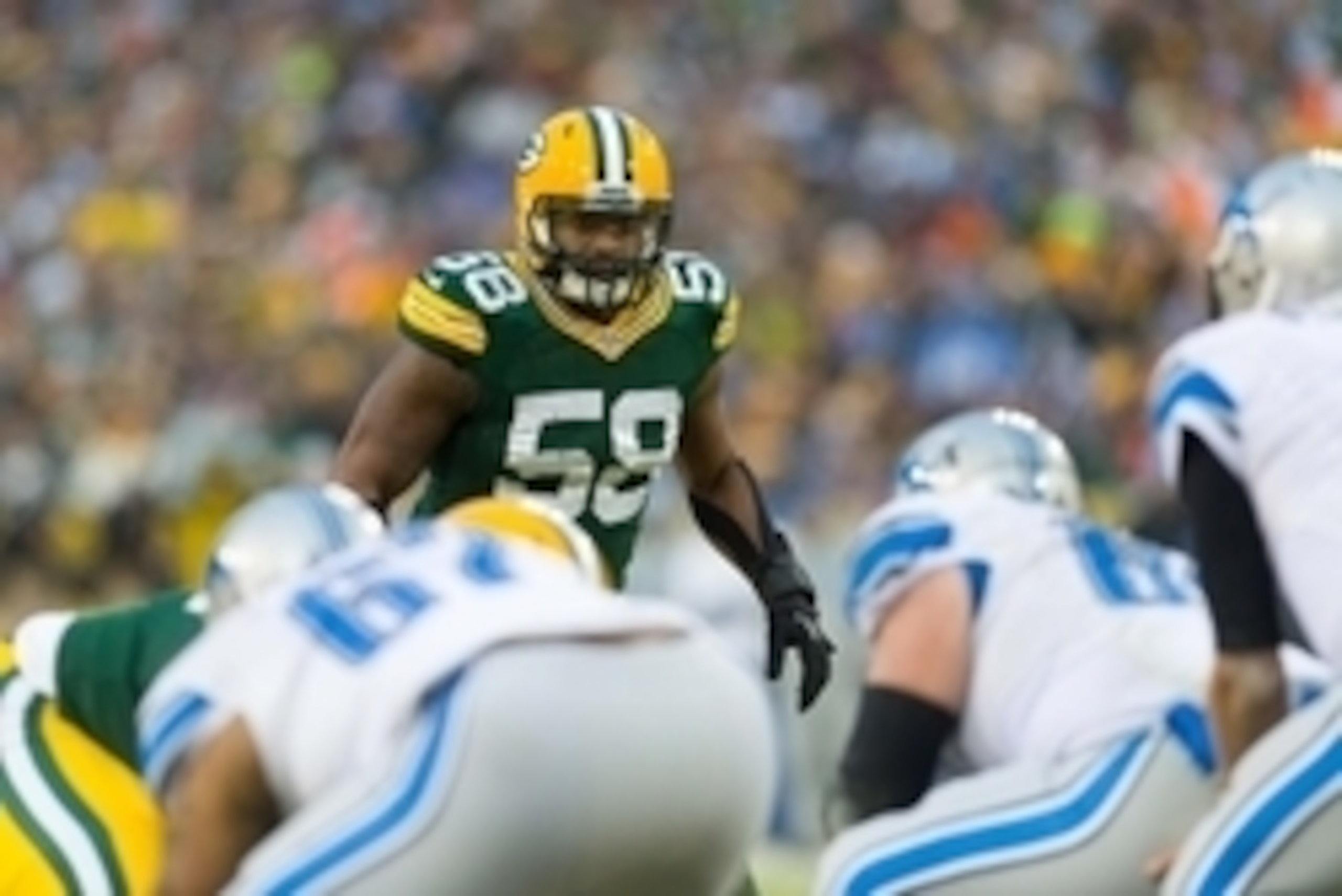 Dec 28, 2014; Green Bay, WI, USA; Green Bay Packers linebacker Sam Barrington (58) during the game against the Detroit Lions at Lambeau Field.  Green Bay won 30-20.  Mandatory Credit: Jeff Hanisch-USA TODAY Sports