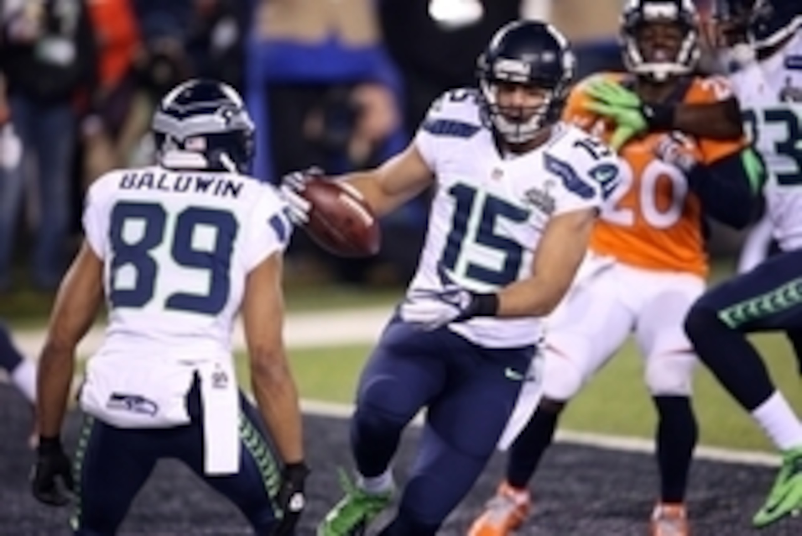 Feb 2, 2014; East Rutherford, NJ, USA; Seattle Seahawks wide receiver Jermaine Kearse (15) celebrates with wide receiver Doug Baldwin (89) after scoring a touchdown against the Denver Broncos in the third quarter in Super Bowl XLVIII at MetLife Stadium.  