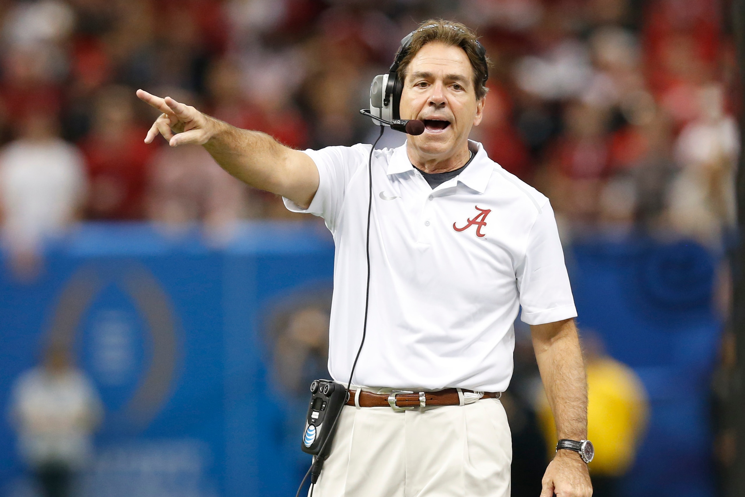 Jan 1, 2015; New Orleans, LA, USA; Alabama Crimson Tide head coach Nick Saban yells from the sidelines against the Ohio State Buckeyes in the 2015 Sugar Bowl at Mercedes-Benz Superdome. Mandatory Credit: Matthew Emmons-USA TODAY Sports