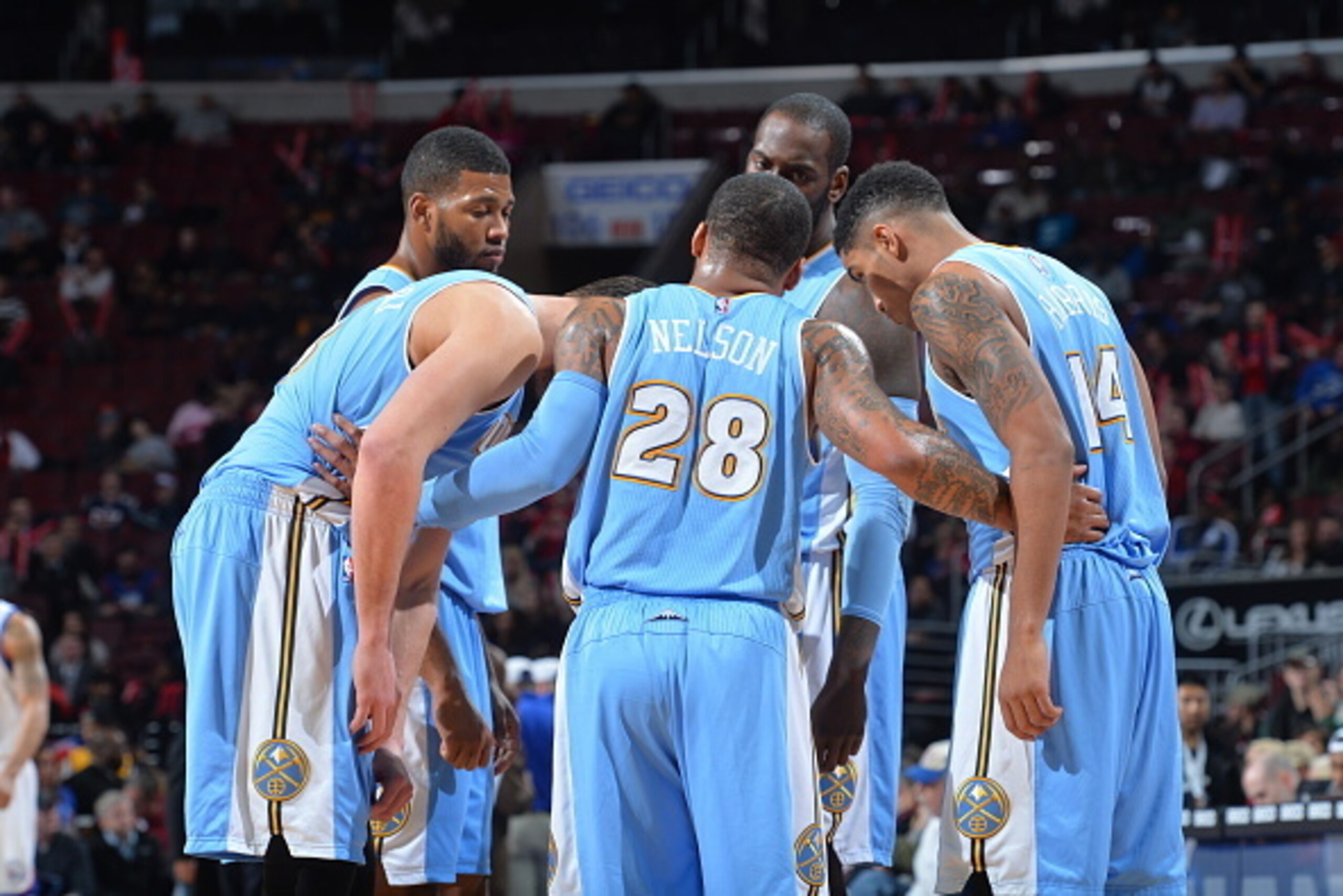 PHILADELPHIA, PA - FEBRUARY 3:  Members of the Denver Nuggets gather for a meeting against the Philadelphia 76ers at Wells Fargo Center on February 3, 2015 in Philadelphia, Pennsylvania NOTE TO USER: User expressly acknowledges and agrees that, by downloa