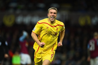 BIRMINGHAM, ENGLAND - JANUARY 17:  Rickie Lambert of Liverpool celebrates scoring their second goal during the Barclays Premier League match between Aston Villa and Liverpool at Villa Park on January 17, 2015 in Birmingham, England.  (Photo by Laurence Gr